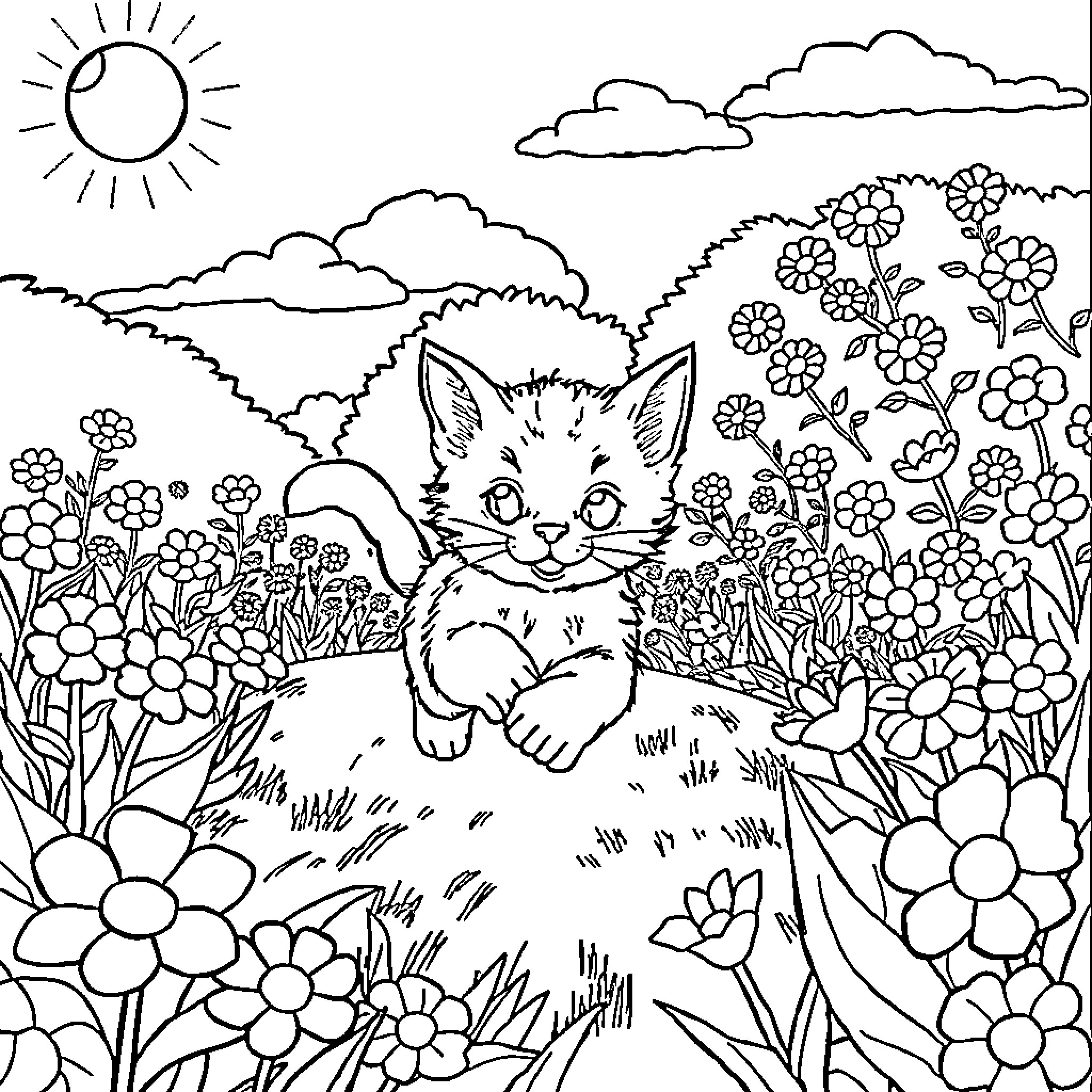 Kitten exploring a vibrant floral garden Coloring Page (free black-and-white line drawing printable PDF for all, from beginners to advanced learners, including children, teens, adults, and seniors)