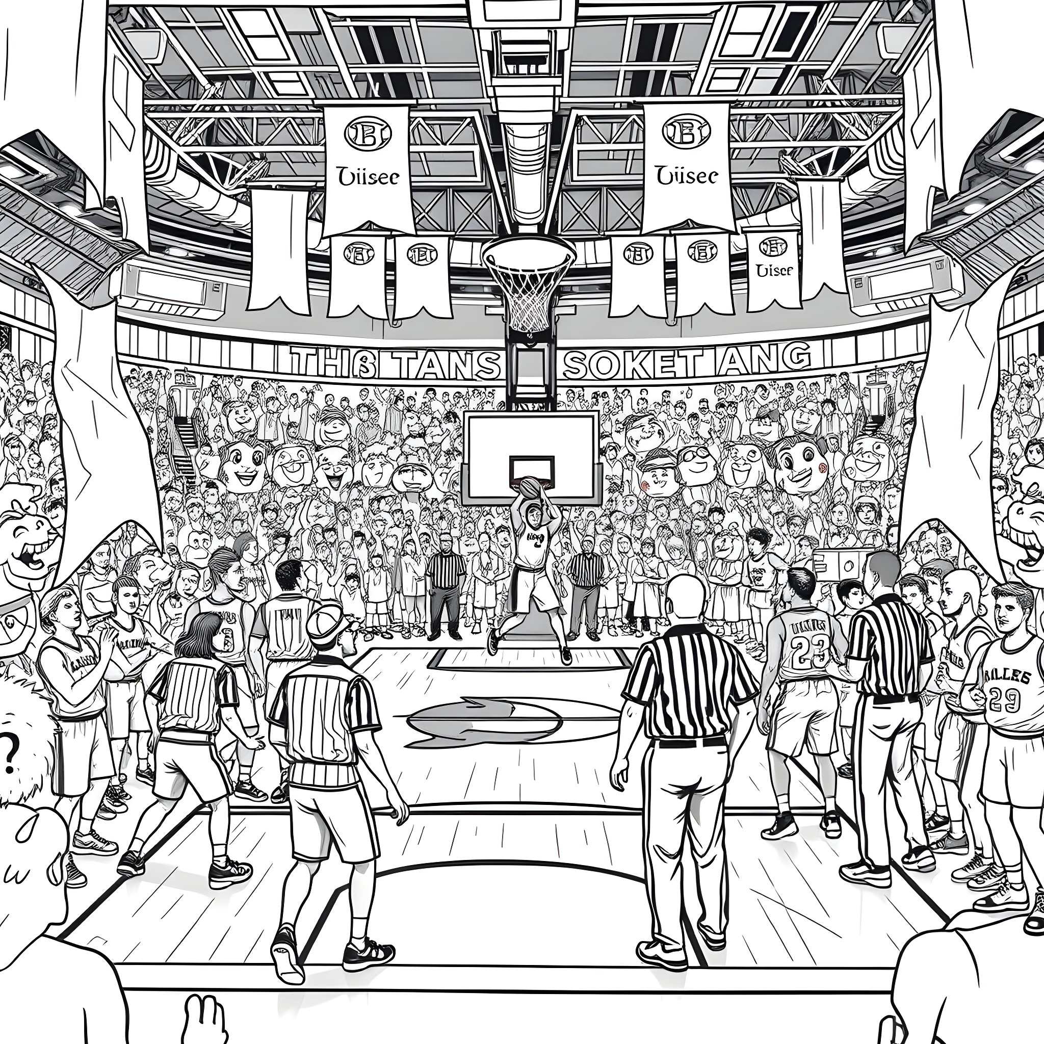 NBA Basketball Game in a Lively Arena Coloring Page (free black-and-white line drawing printable PDF for all, from beginners to advanced learners, including children, teens, adults, and seniors)