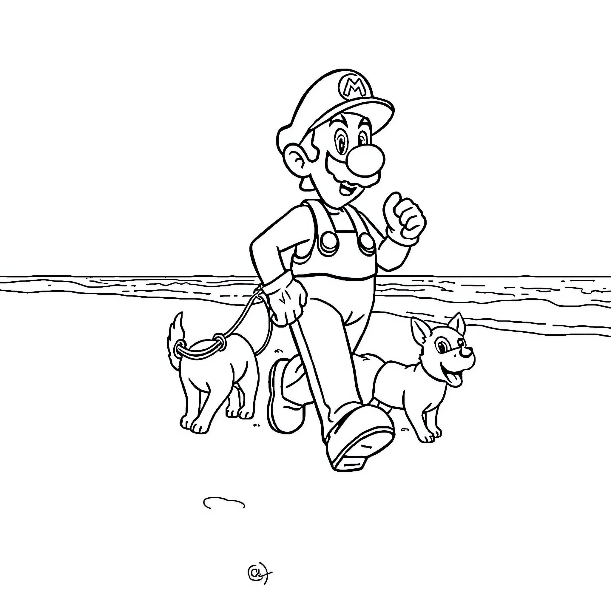 Luigi and his canine companions on the beach Coloring Page (free black-and-white line drawing printable PDF for all, from beginners to advanced learners, including children, teens, adults, and seniors)