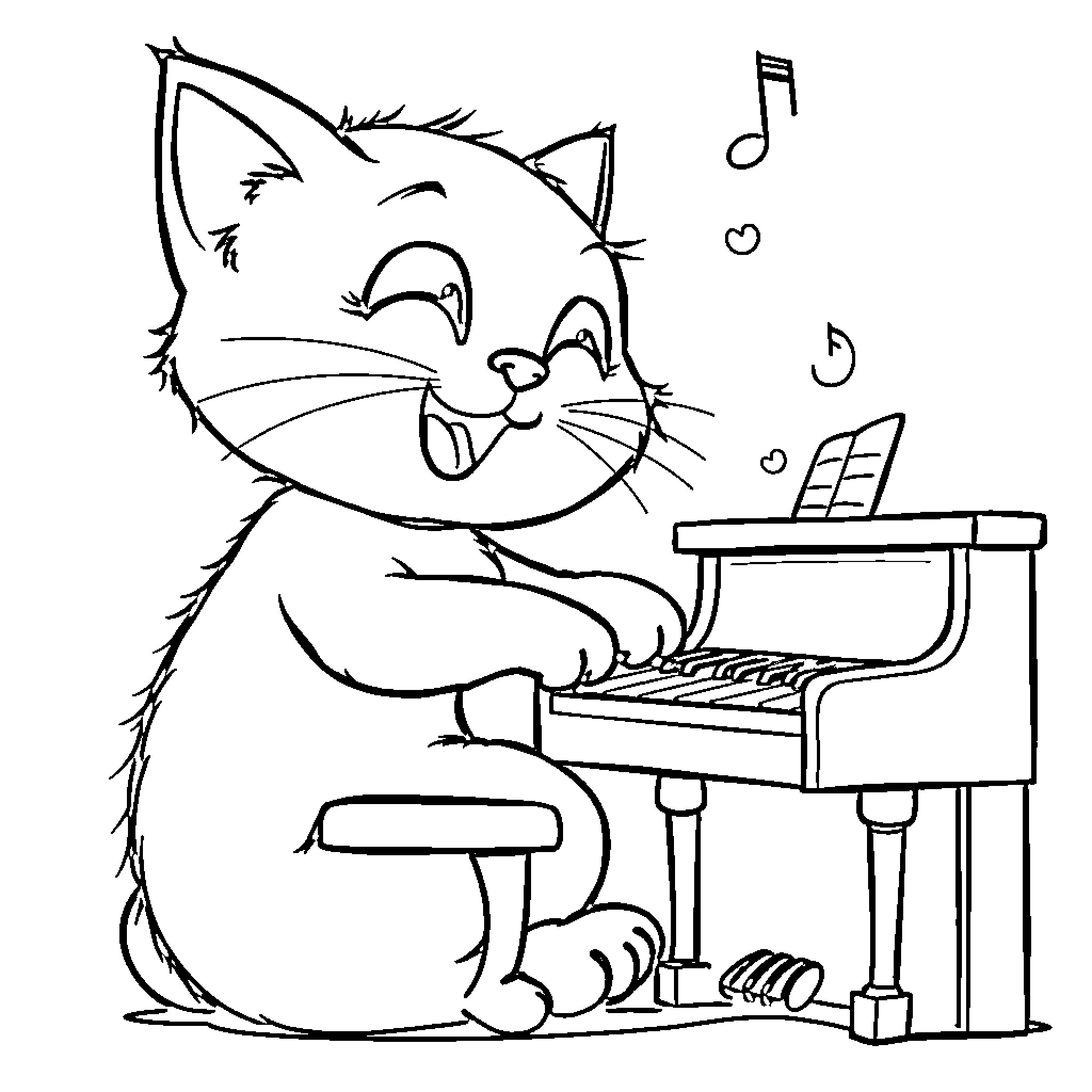 Cat playing joyfully on piano Coloring Page (free black-and-white line drawing printable PDF for all, from beginners to advanced learners, including children, teens, adults, and seniors)
