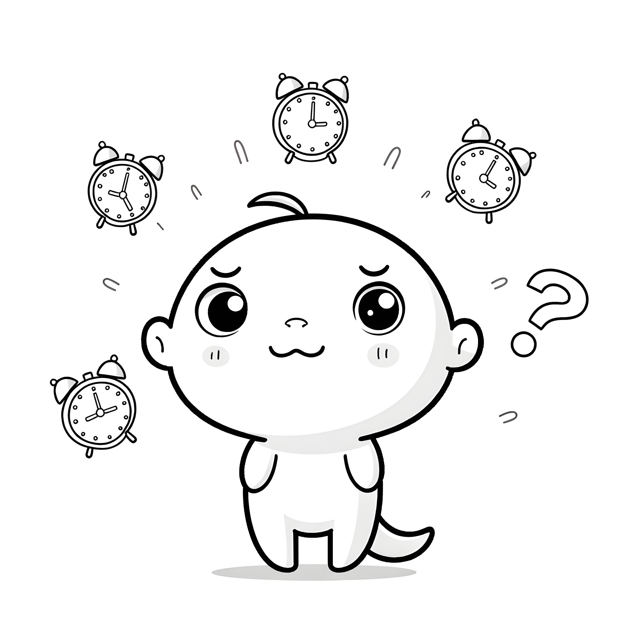 Face of Confused Baby Surrounded by Clocks Coloring Page (free black-and-white line drawing printable PDF for all, from beginners to advanced learners, including children, teens, adults, and seniors)