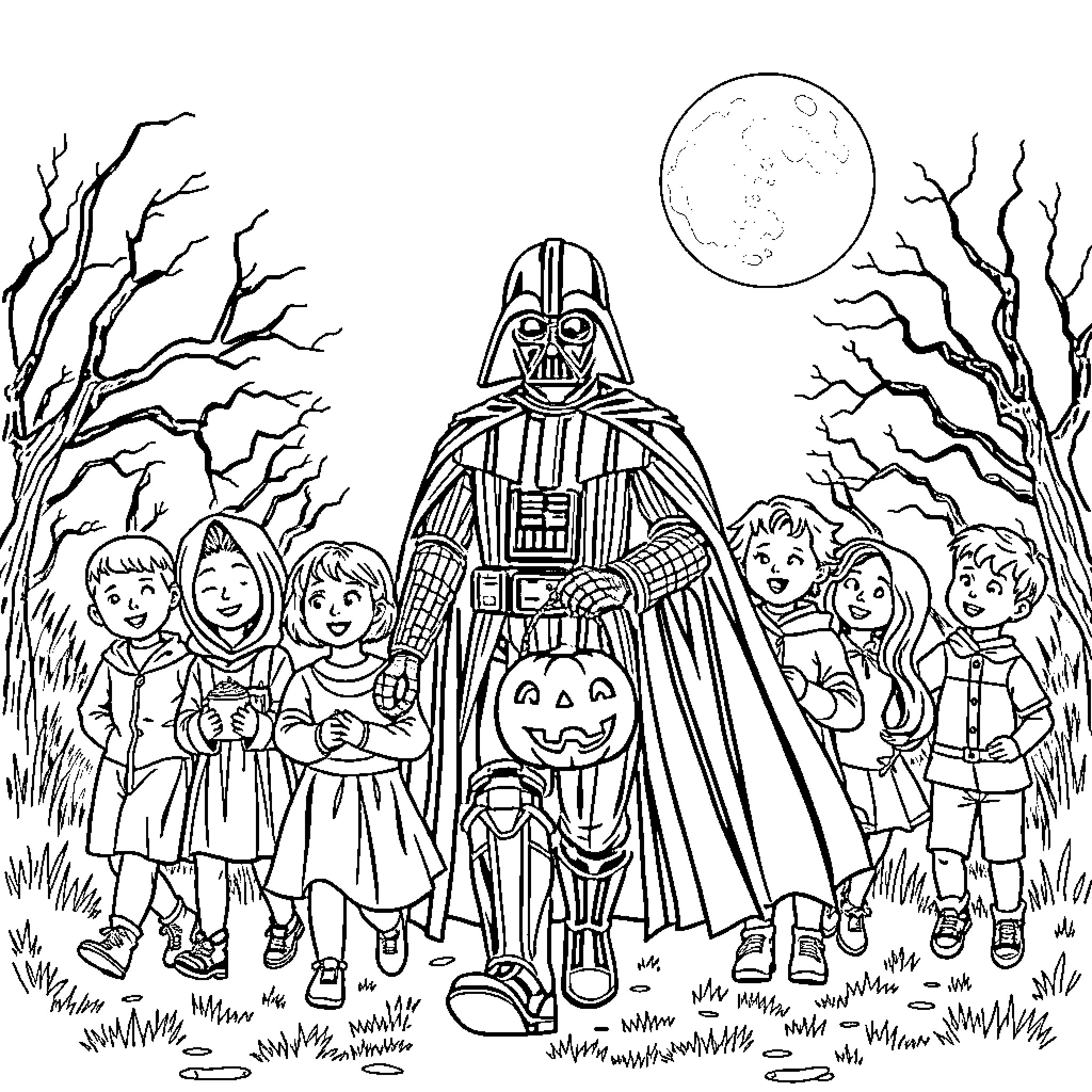 Darth Vader Leads a Group of Children on a Halloween Adventure Coloring Page (free black-and-white line drawing printable PDF for all, from beginners to advanced learners, including children, teens, adults, and seniors)