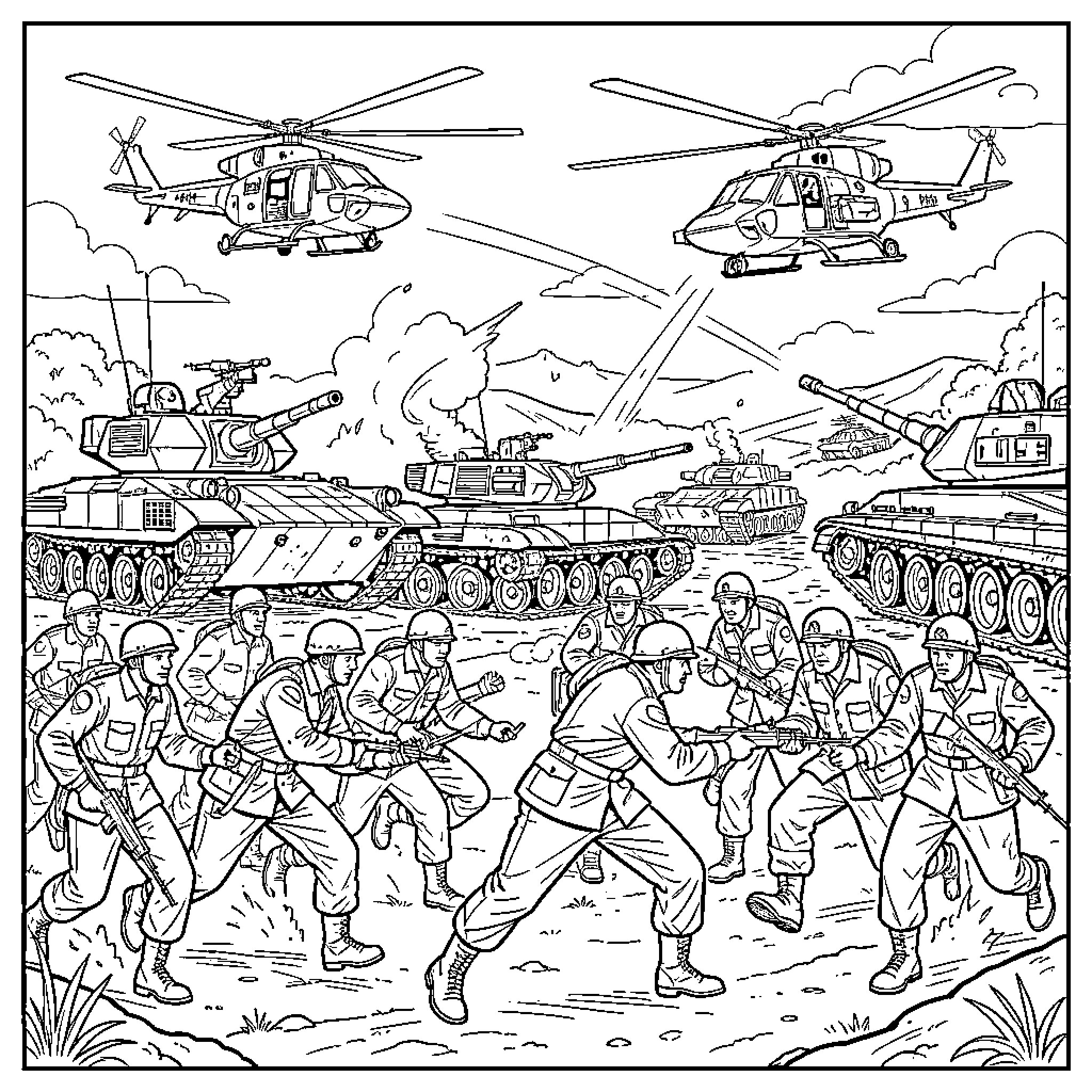 Military combat scene with soldiers, tanks, and helicopters Coloring Page (free black-and-white line drawing printable PDF for all, from beginners to advanced learners, including children, teens, adults, and seniors)