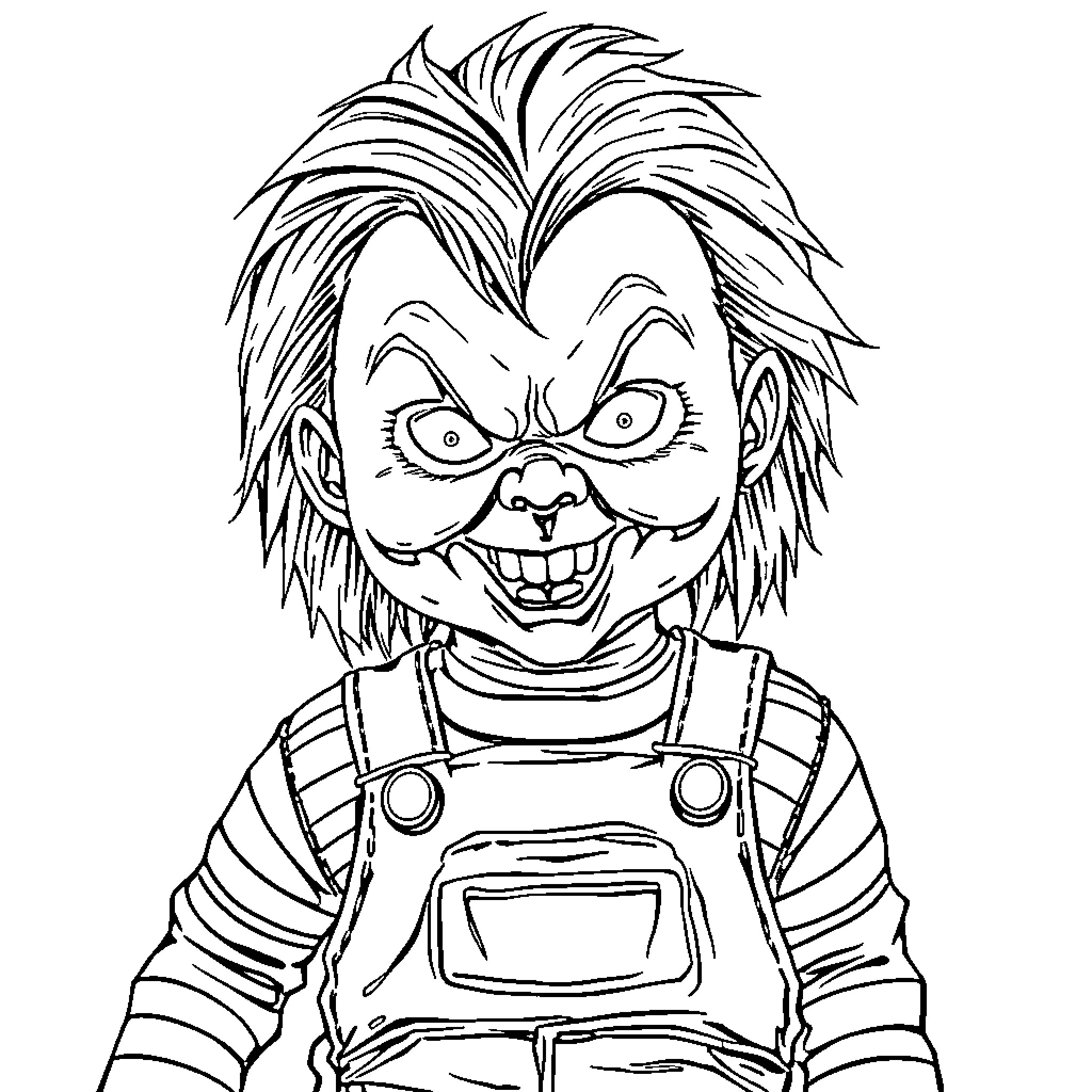Chucky's Mischievous Grin Coloring Page (free black-and-white line drawing printable PDF for all, from beginners to advanced learners, including children, teens, adults, and seniors)