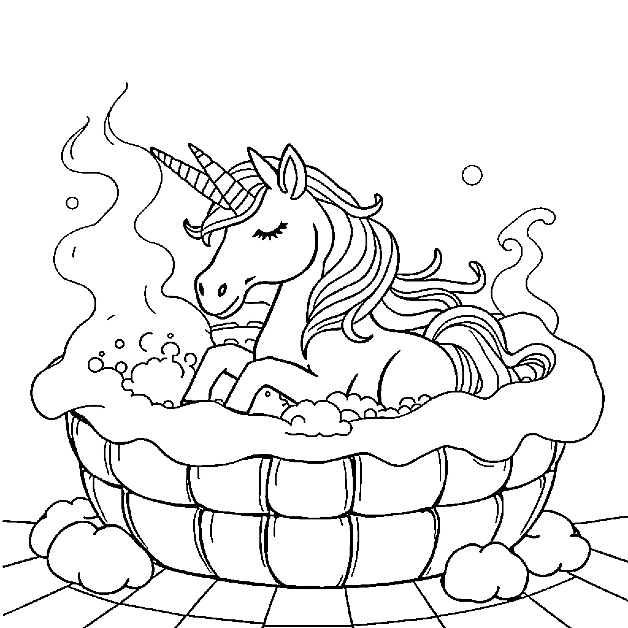 Unicorn relaxing in a steaming hot tub Coloring Page (free black-and-white line drawing printable PDF for all, from beginners to advanced learners, including children, teens, adults, and seniors)