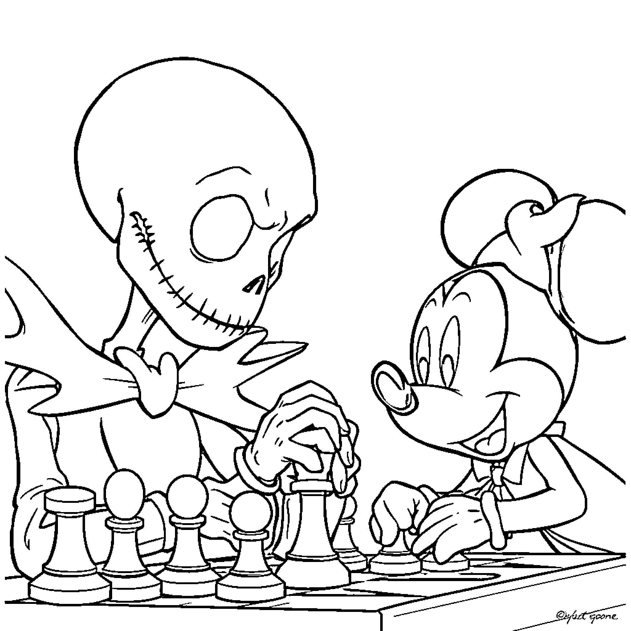 Jack Skellington playing chess with Mickey Mouse Coloring Page (free black-and-white line drawing printable PDF for all, from beginners to advanced learners, including children, teens, adults, and seniors)