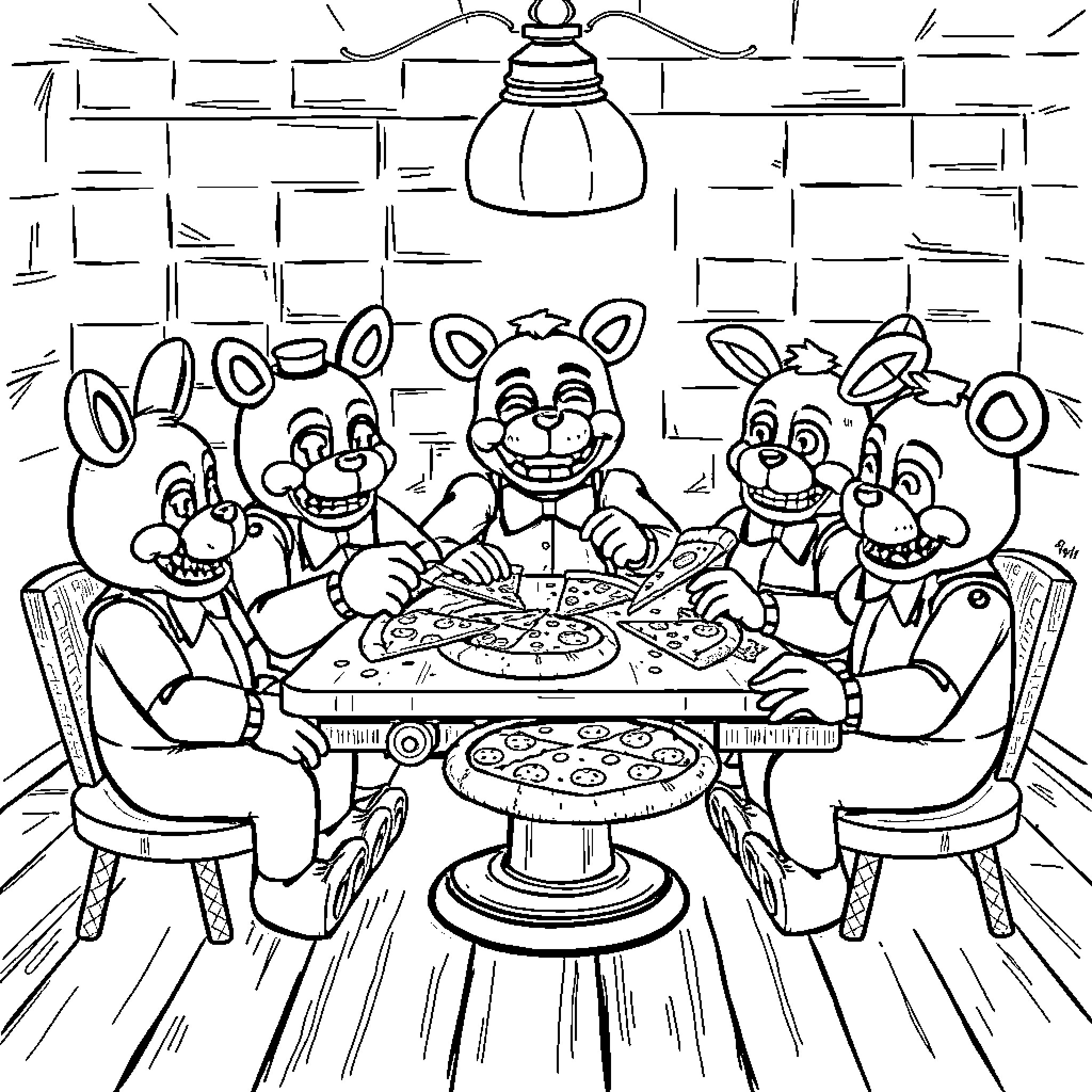 Five Nights At Freddy's Animatronics Enjoying Pizza Together Coloring Page (free black-and-white line drawing printable PDF for all, from beginners to advanced learners, including children, teens, adults, and seniors)