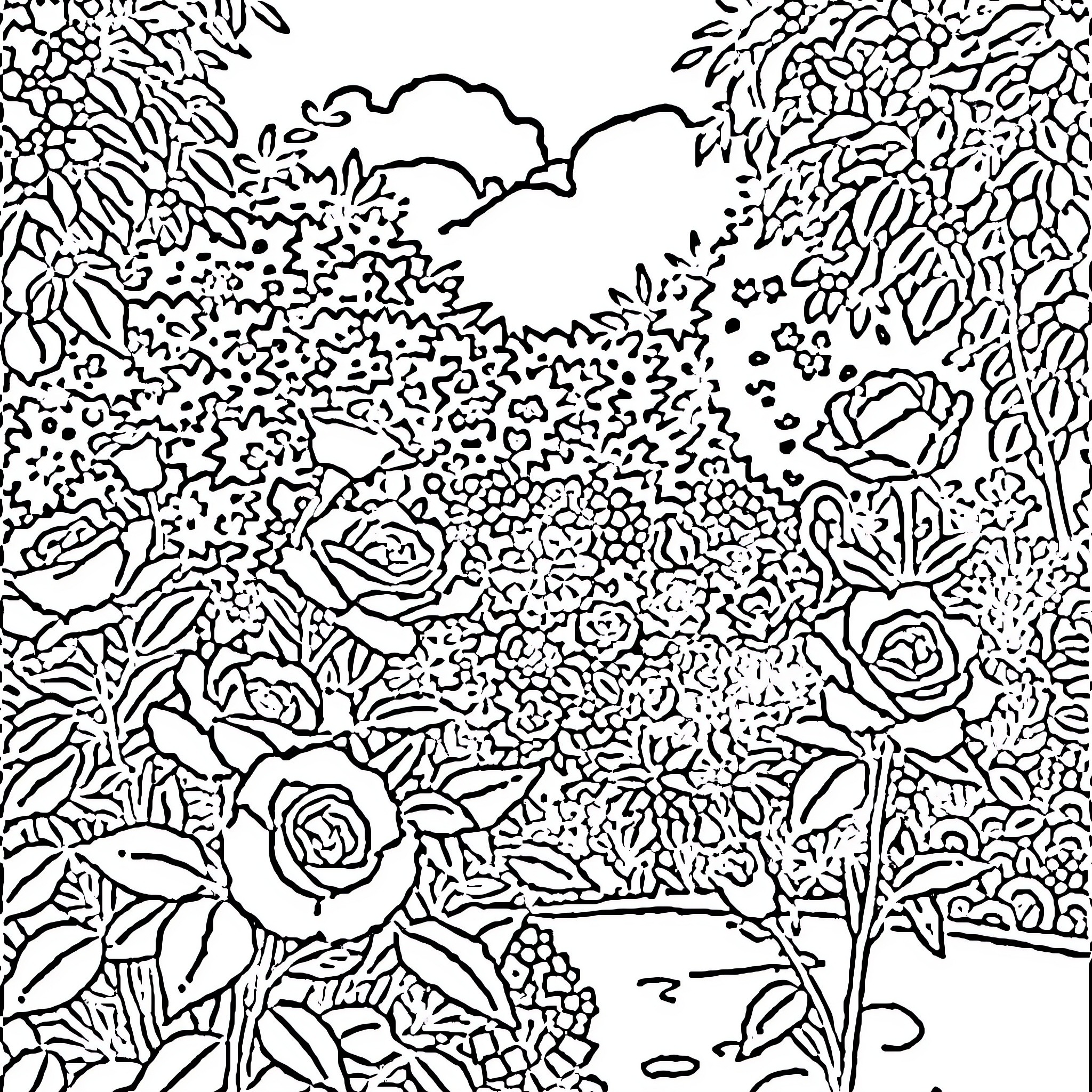 Rose Garden Enchantment Coloring Page (free black-and-white line drawing printable PDF for all, from beginners to advanced learners, including children, teens, adults, and seniors)
