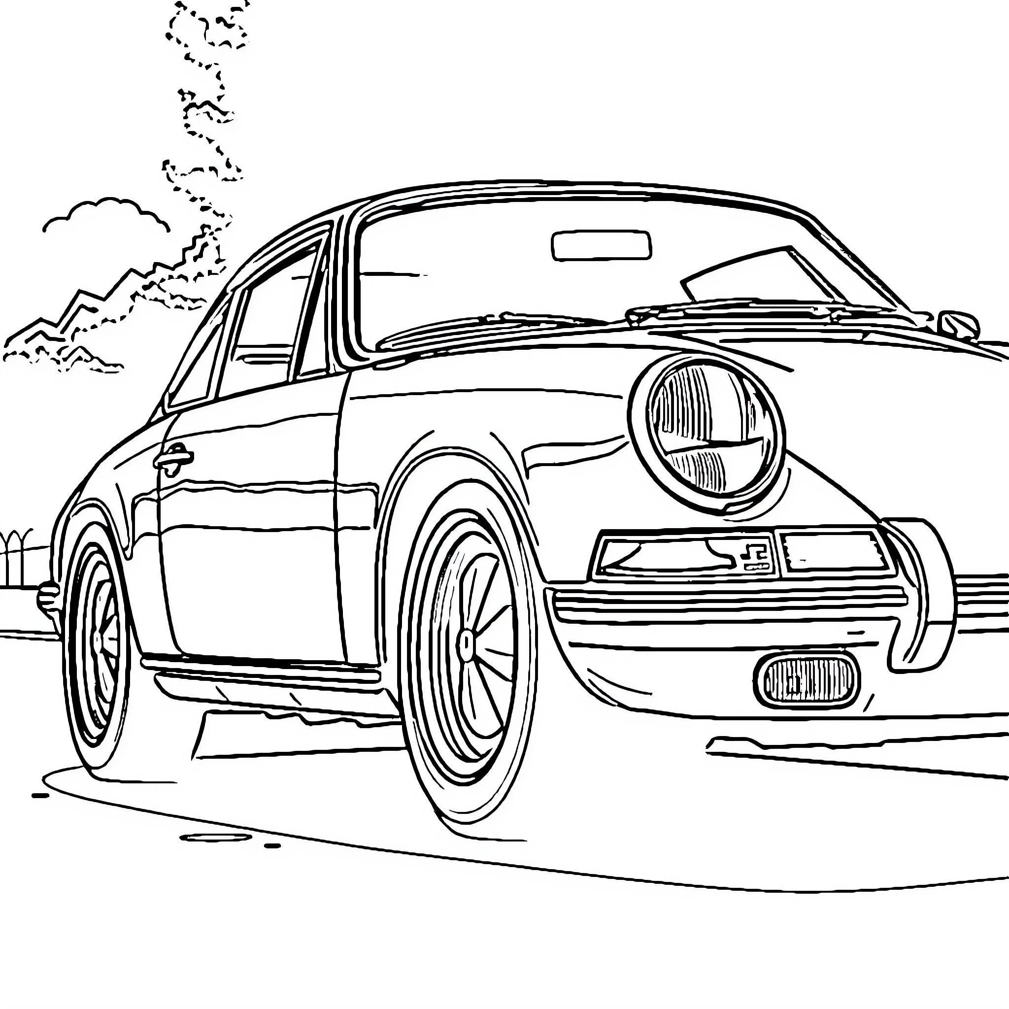 Porsche 912 coupe on scenic mountain road Coloring Page (free black-and-white line drawing printable PDF for all, from beginners to advanced learners, including children, teens, adults, and seniors)