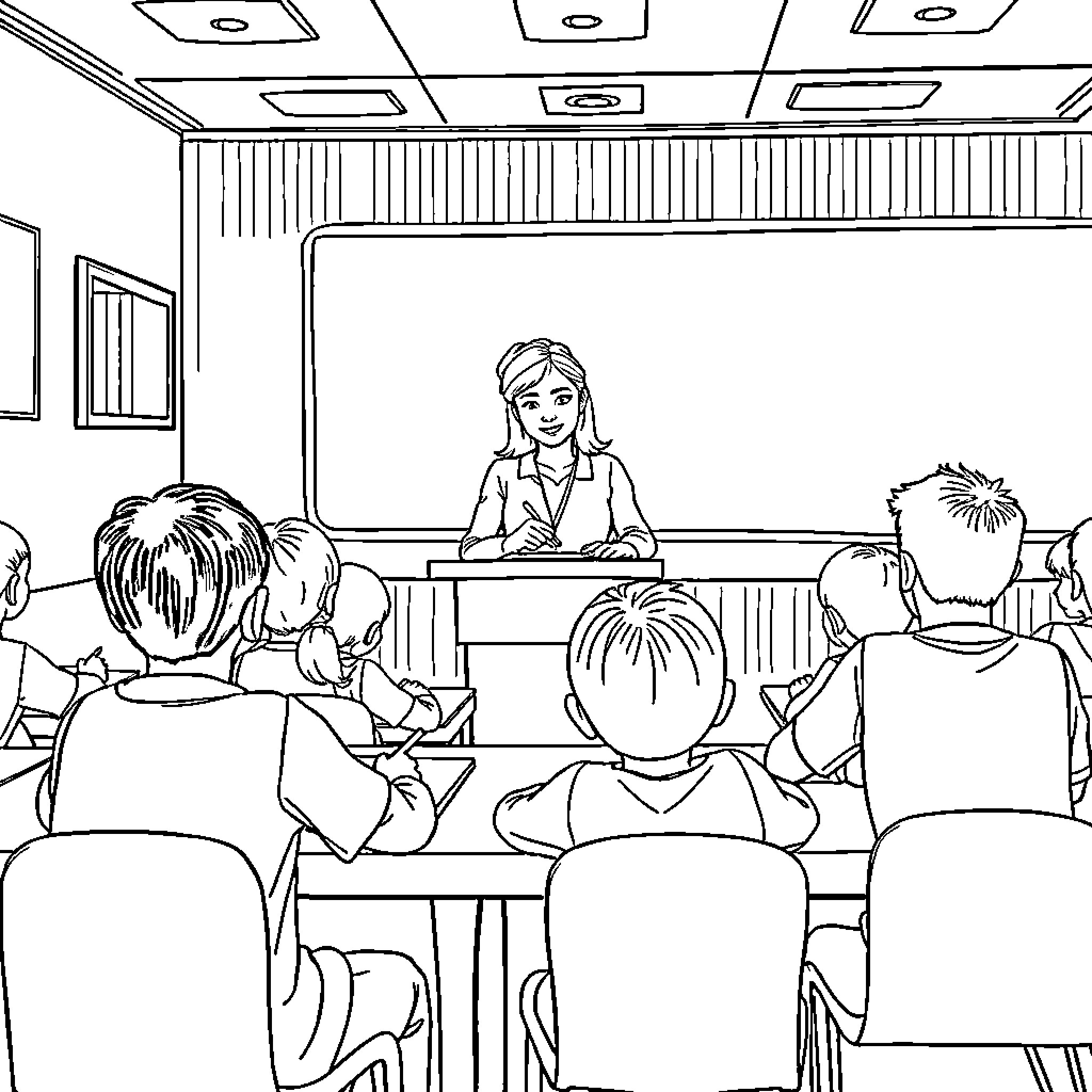 Maestra teaching students in a classroom Coloring Page (free black-and-white line drawing printable PDF for all, from beginners to advanced learners, including children, teens, adults, and seniors)