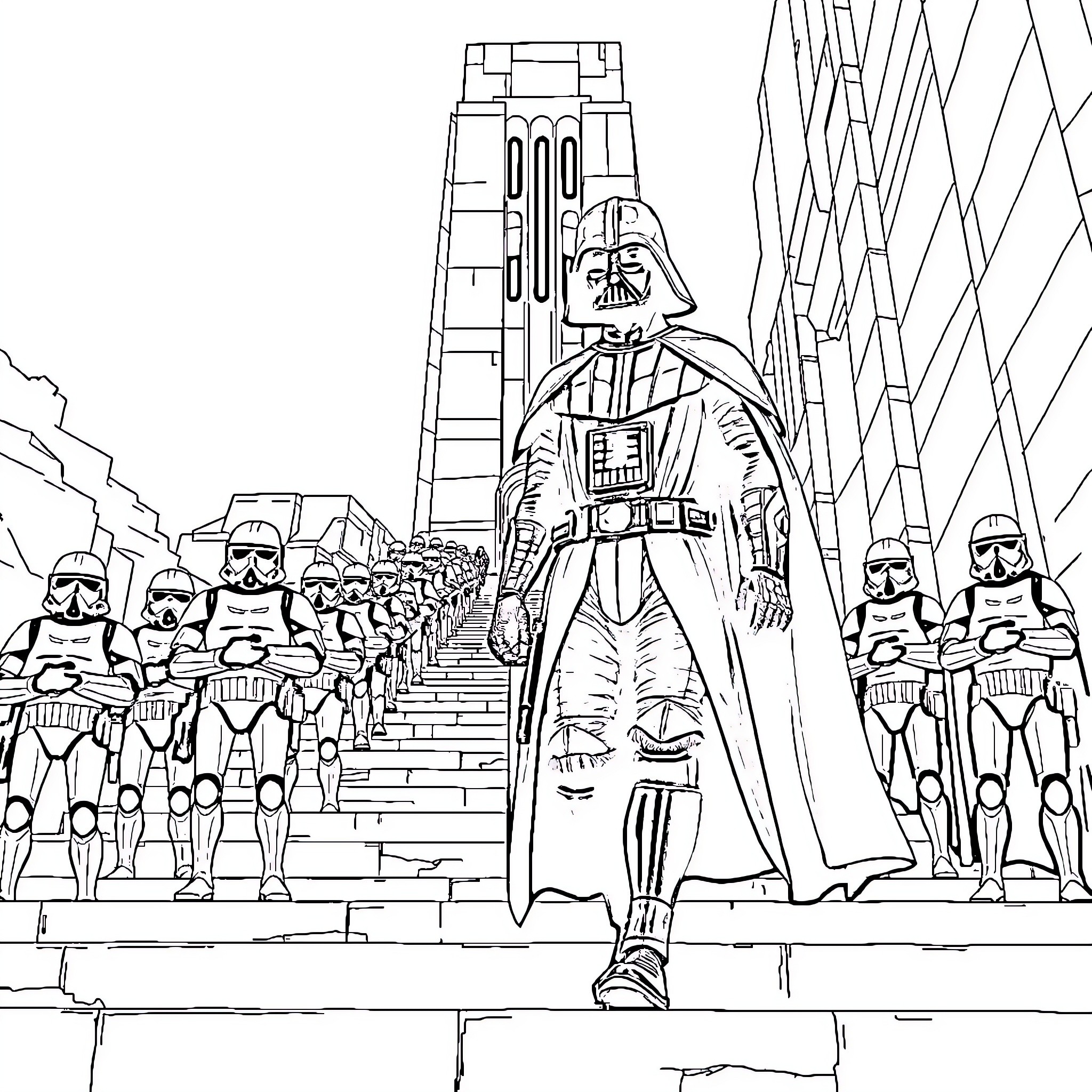 Vader's Imperial March with Stormtroopers Coloring Page (free black-and-white line drawing printable PDF for all, from beginners to advanced learners, including children, teens, adults, and seniors)