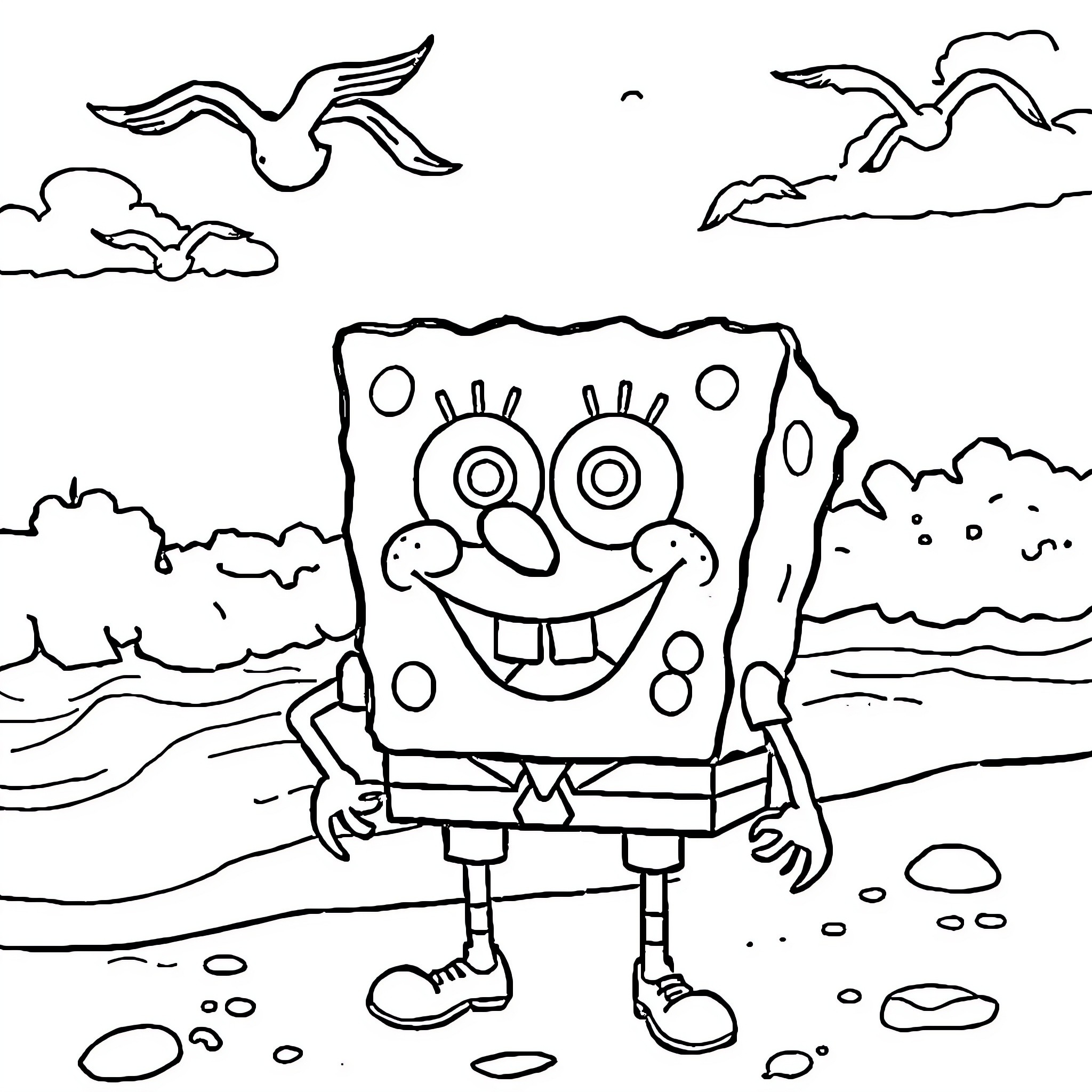 Spongebob's joyful adventure by the sea Coloring Page (free black-and-white line drawing printable PDF for all, from beginners to advanced learners, including children, teens, adults, and seniors)