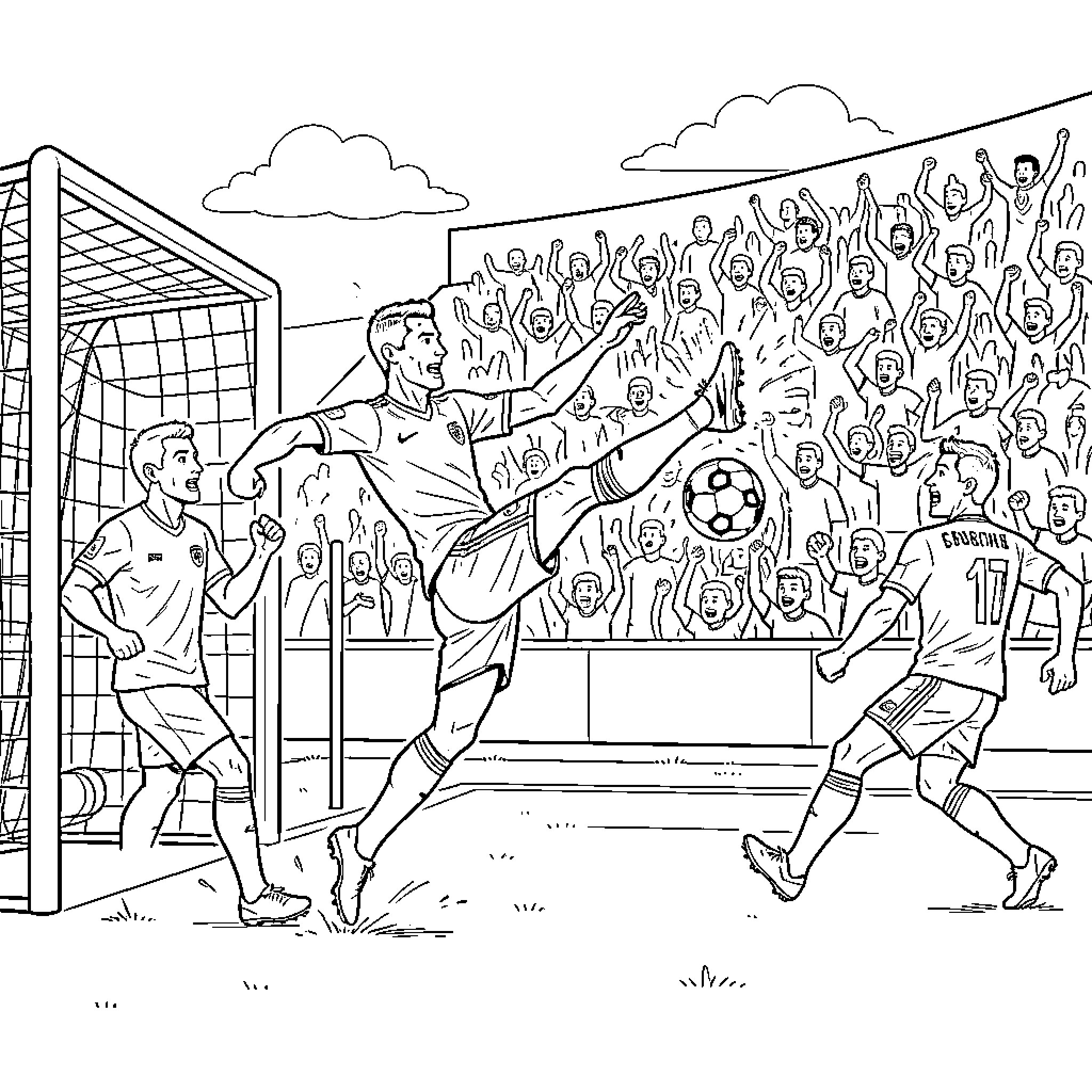 Cristiano Ronaldo kicking a soccer ball in a stadium Coloring Page (free black-and-white line drawing printable PDF for all, from beginners to advanced learners, including children, teens, adults, and seniors)