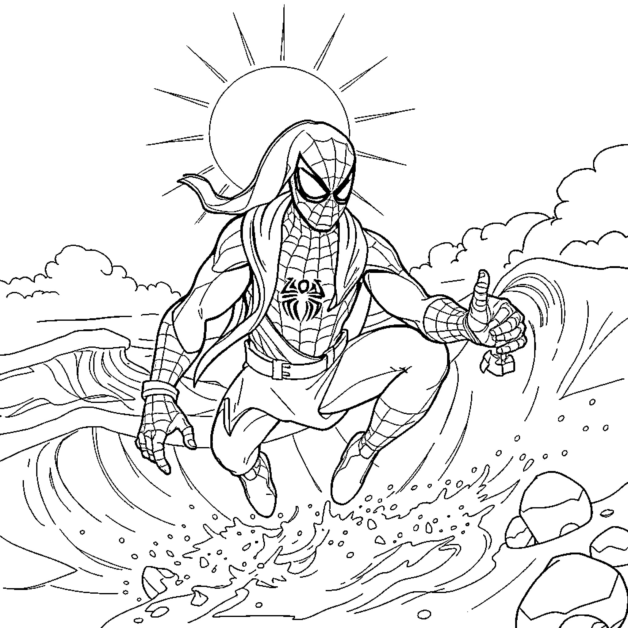 Spiderman Surfing Through Waves and Clouds Coloring Page (free black-and-white line drawing printable PDF for all, from beginners to advanced learners, including children, teens, adults, and seniors)