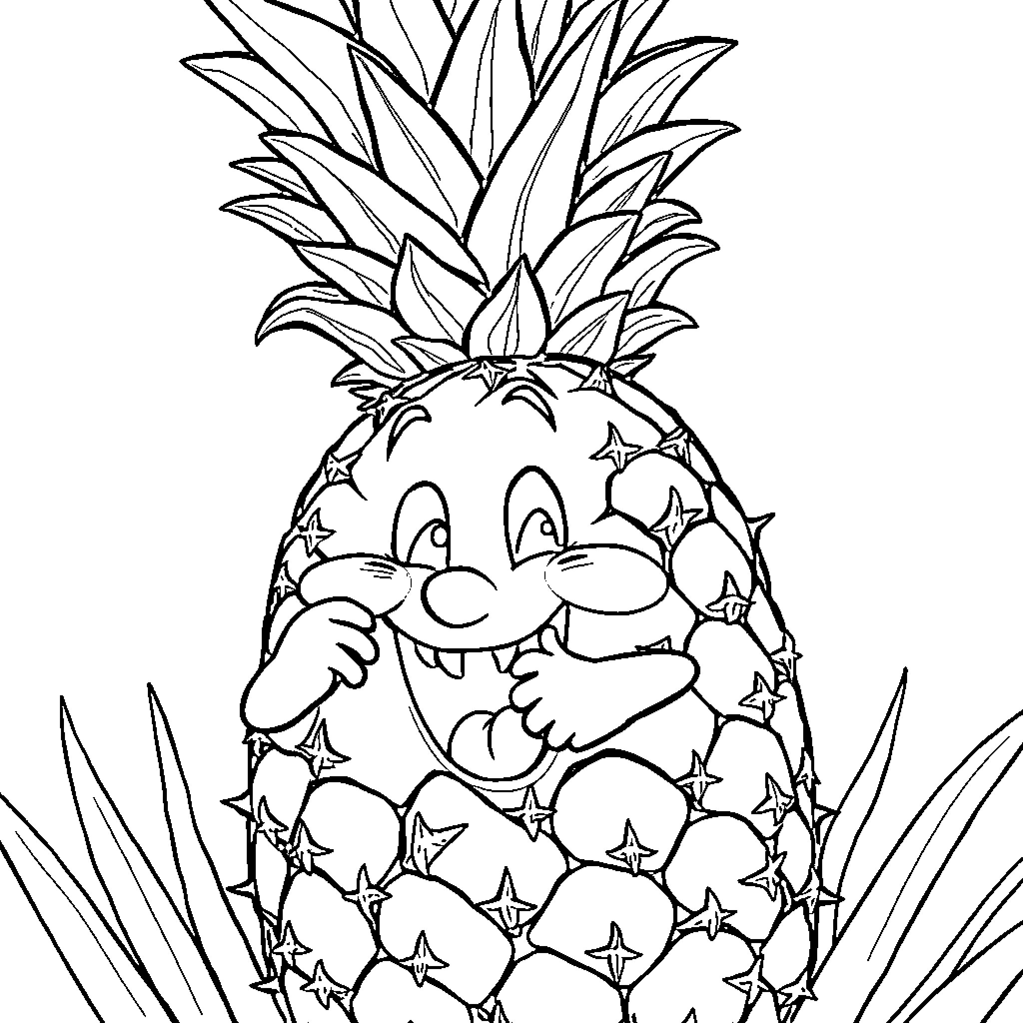 Sitch: Playful Pineapple Pals Coloring Page (free black-and-white line drawing printable PDF for all, from beginners to advanced learners, including children, teens, adults, and seniors)