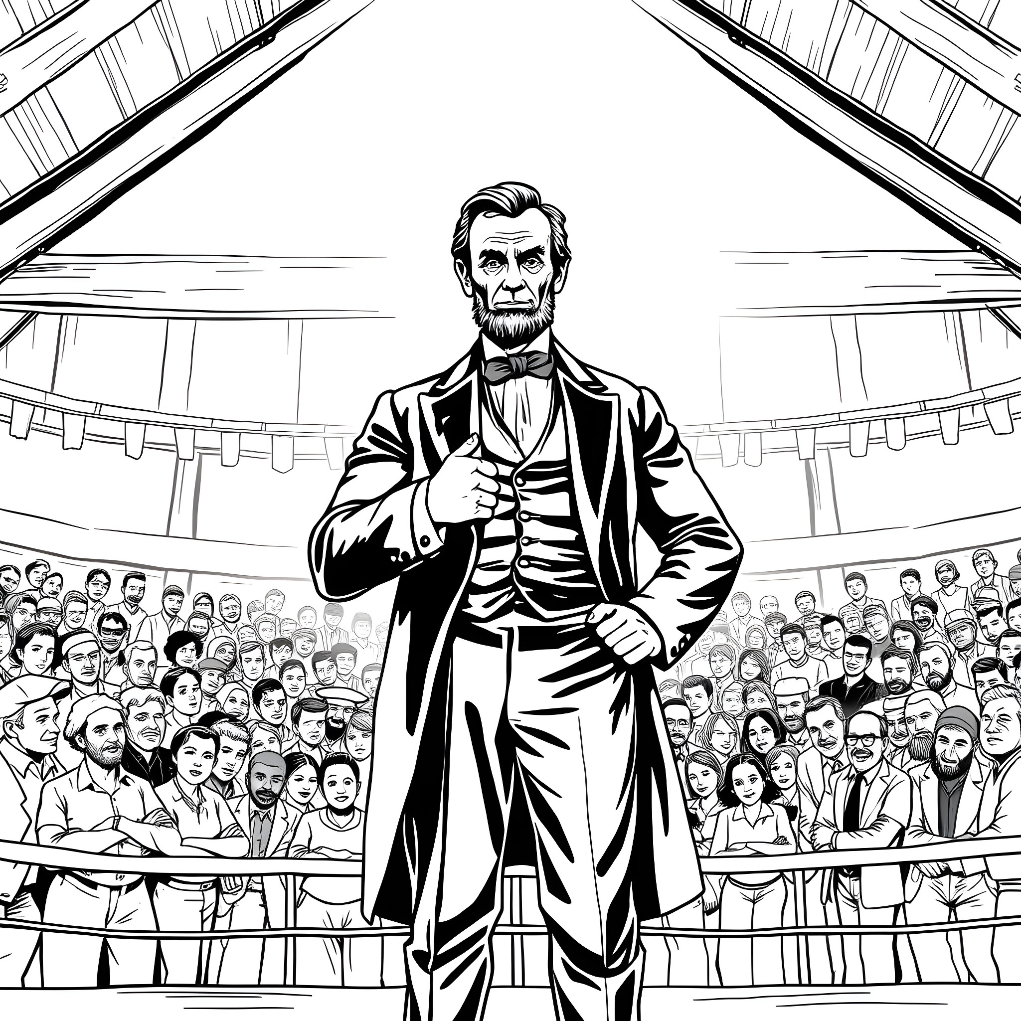 Abraham Lincoln delivering an impassioned speech to a large crowd Coloring Page (free black-and-white line drawing printable PDF for all, from beginners to advanced learners, including children, teens, adults, and seniors)