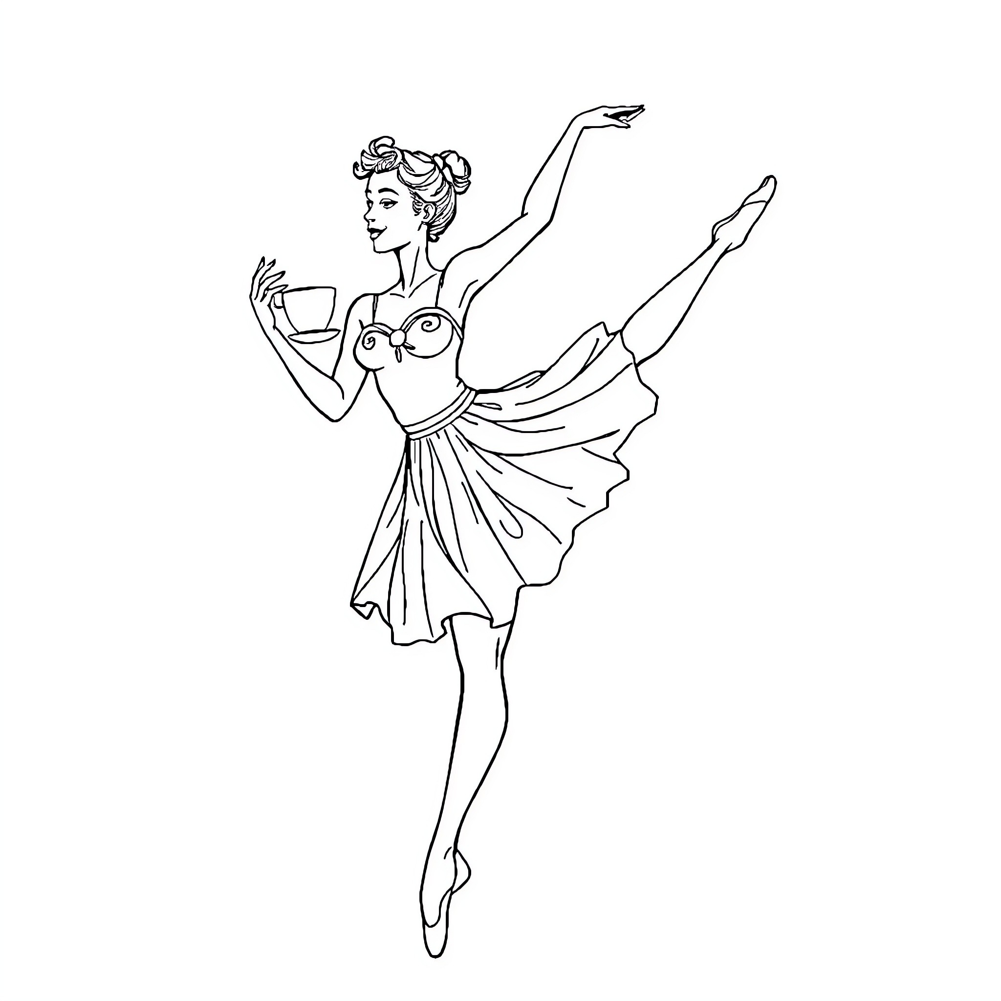 Ballerina in elegant dance pose Coloring Page (free black-and-white line drawing printable PDF for all, from beginners to advanced learners, including children, teens, adults, and seniors)