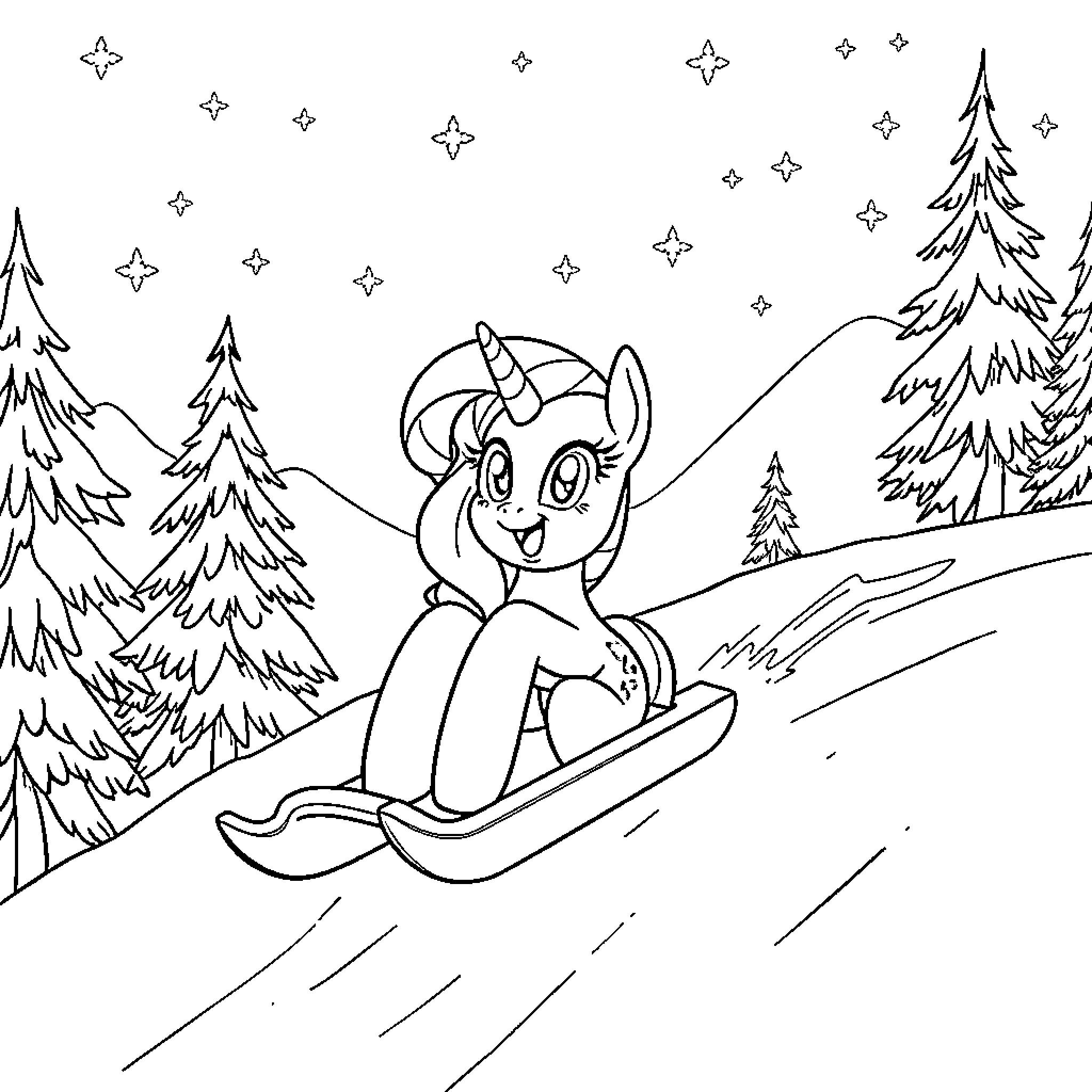 Twilight Sparkle Enjoying a Snowy Sleigh Ride Coloring Page (free black-and-white line drawing printable PDF for all, from beginners to advanced learners, including children, teens, adults, and seniors)