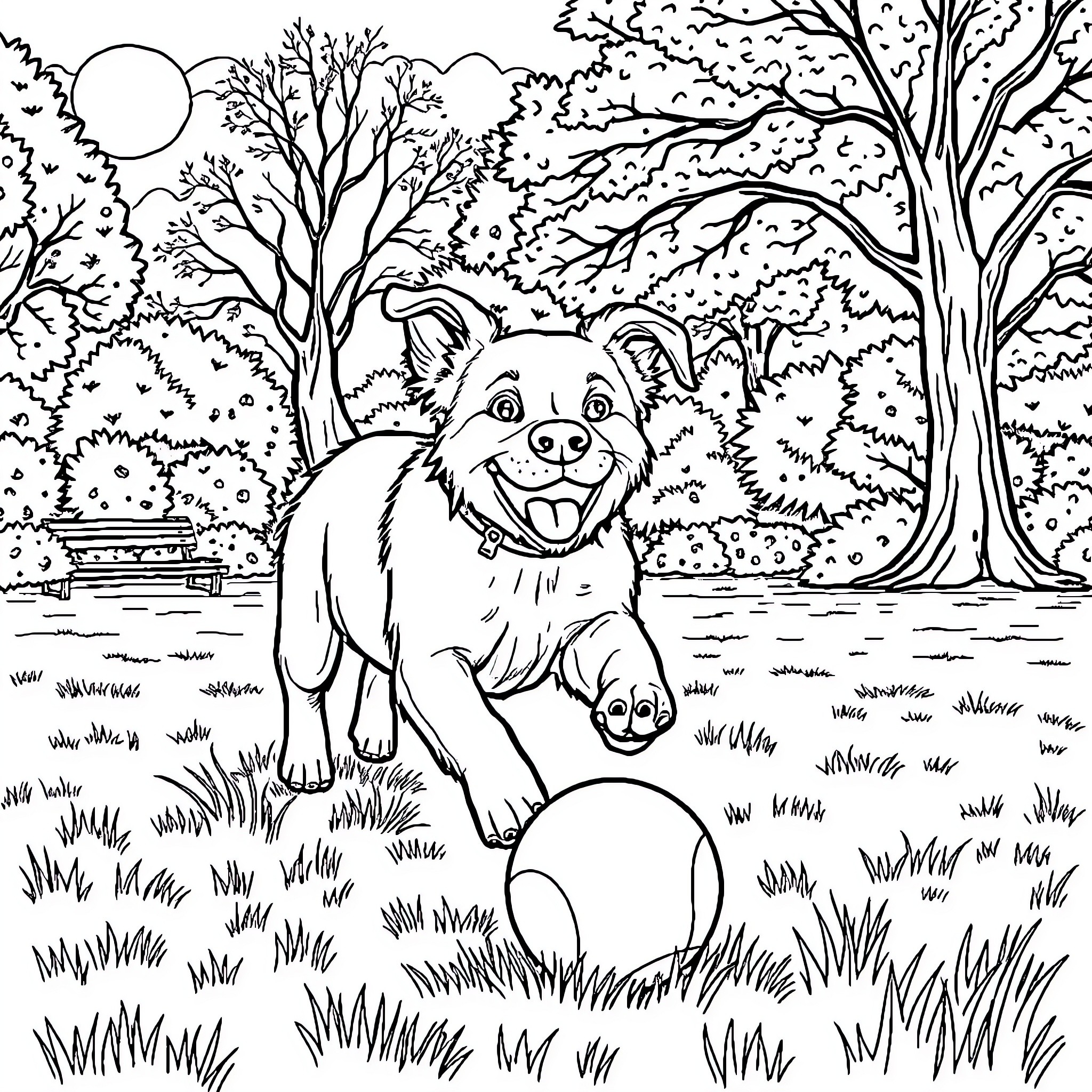 Dog Playing with Ball in Wooded Park Coloring Page (free black-and-white line drawing printable PDF for all, from beginners to advanced learners, including children, teens, adults, and seniors)