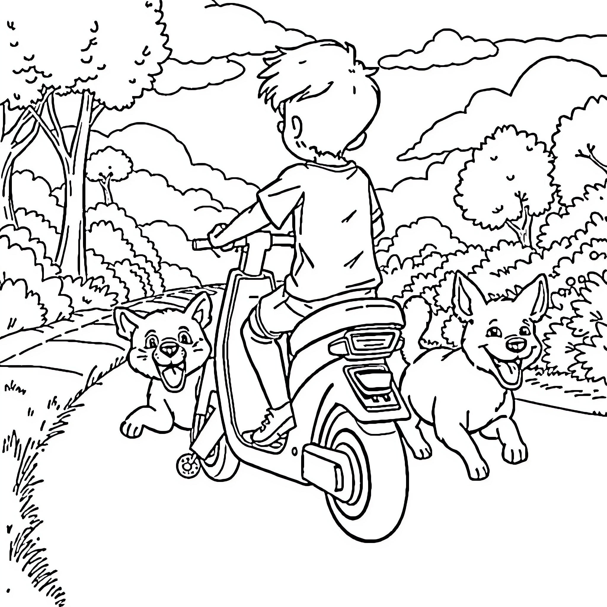 Boy riding scooter with happy dogs in nature Coloring Page (free black-and-white line drawing printable PDF for all, from beginners to advanced learners, including children, teens, adults, and seniors)