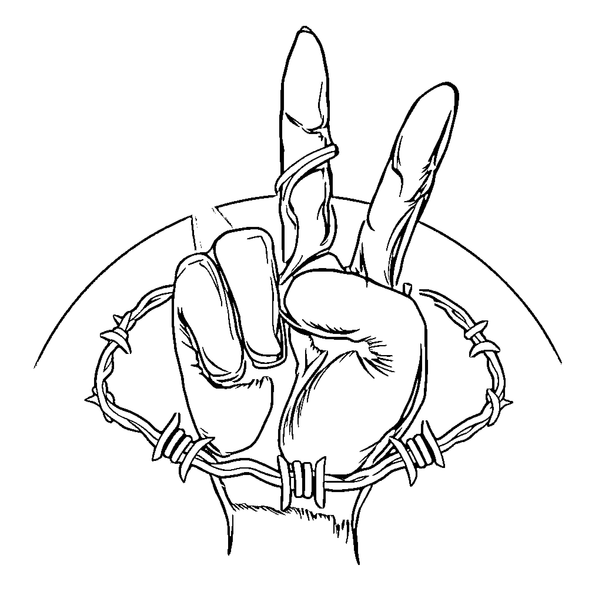 Peace Sign Hand Gesture with Barbed Wire Coloring Page (free black-and-white line drawing printable PDF for all, from beginners to advanced learners, including children, teens, adults, and seniors)
