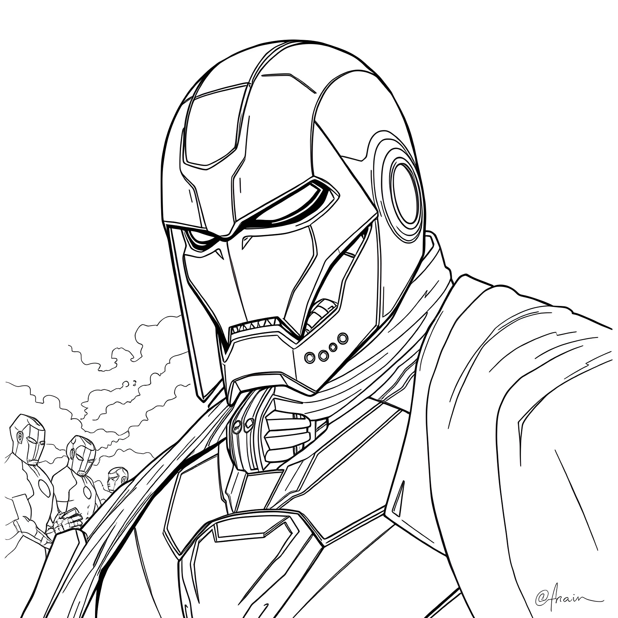 Doctor Doom in epic battle stance Coloring Page (free black-and-white line drawing printable PDF for all, from beginners to advanced learners, including children, teens, adults, and seniors)