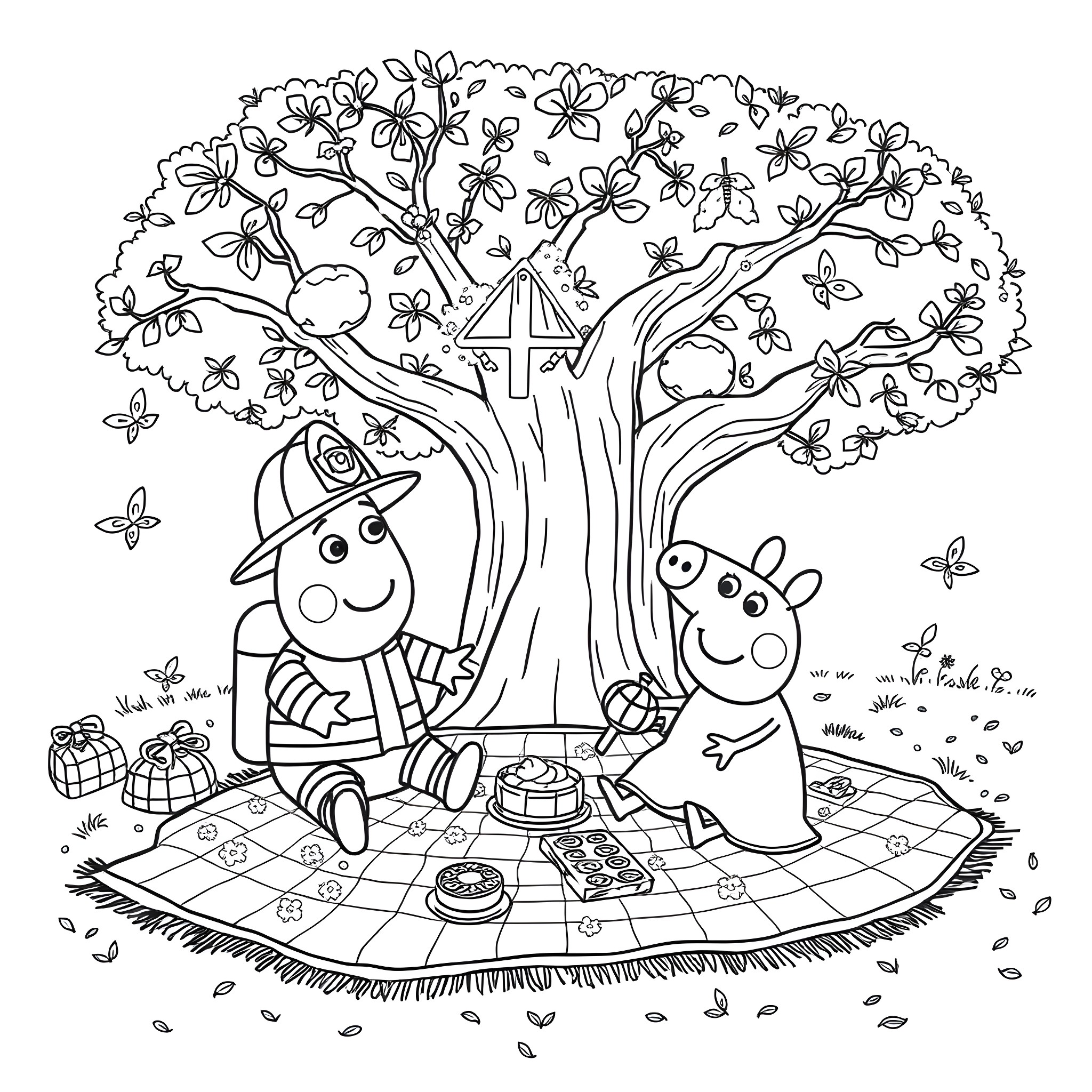 Firefighter friends enjoying a picnic under a blossoming tree Coloring Page (free black-and-white line drawing printable PDF for all, from beginners to advanced learners, including children, teens, adults, and seniors)