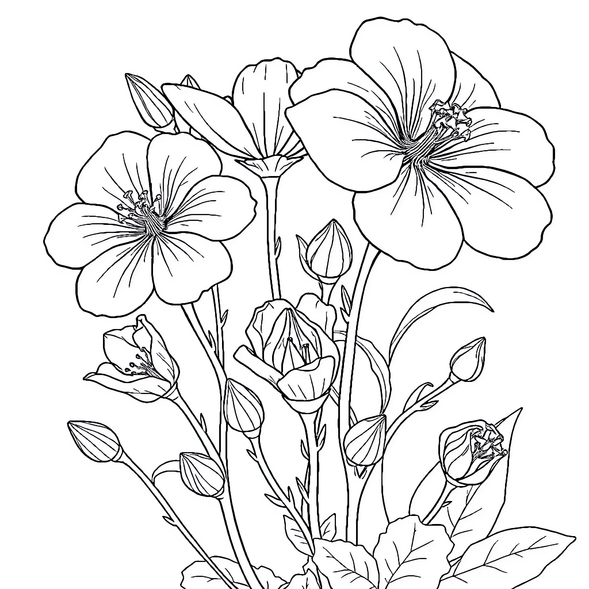 Cherry Blossom Floral Arrangement in Black and White Coloring Page (free black-and-white line drawing printable PDF for all, from beginners to advanced learners, including children, teens, adults, and seniors)