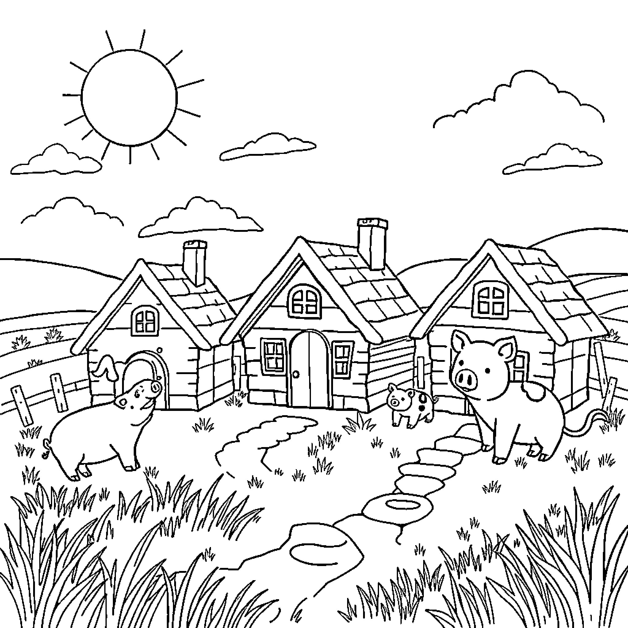 Pig playing in the countryside farmhouse village Coloring Page (free black-and-white line drawing printable PDF for all, from beginners to advanced learners, including children, teens, adults, and seniors)