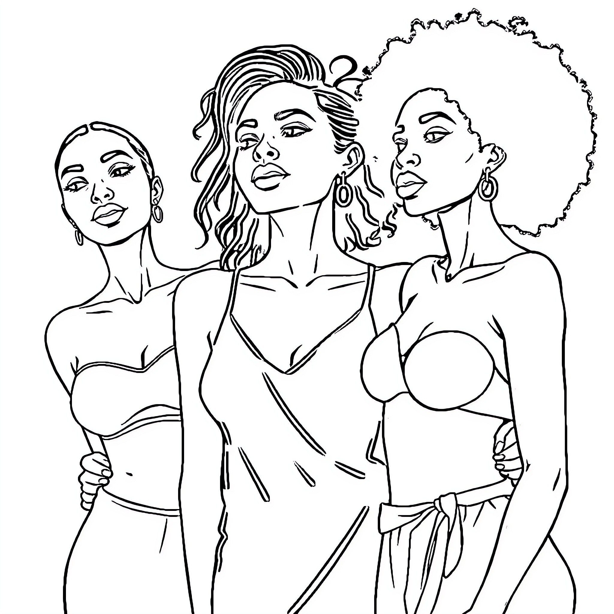 Women in stylish attire posing together Coloring Page (free black-and-white line drawing printable PDF for all, from beginners to advanced learners, including children, teens, adults, and seniors)