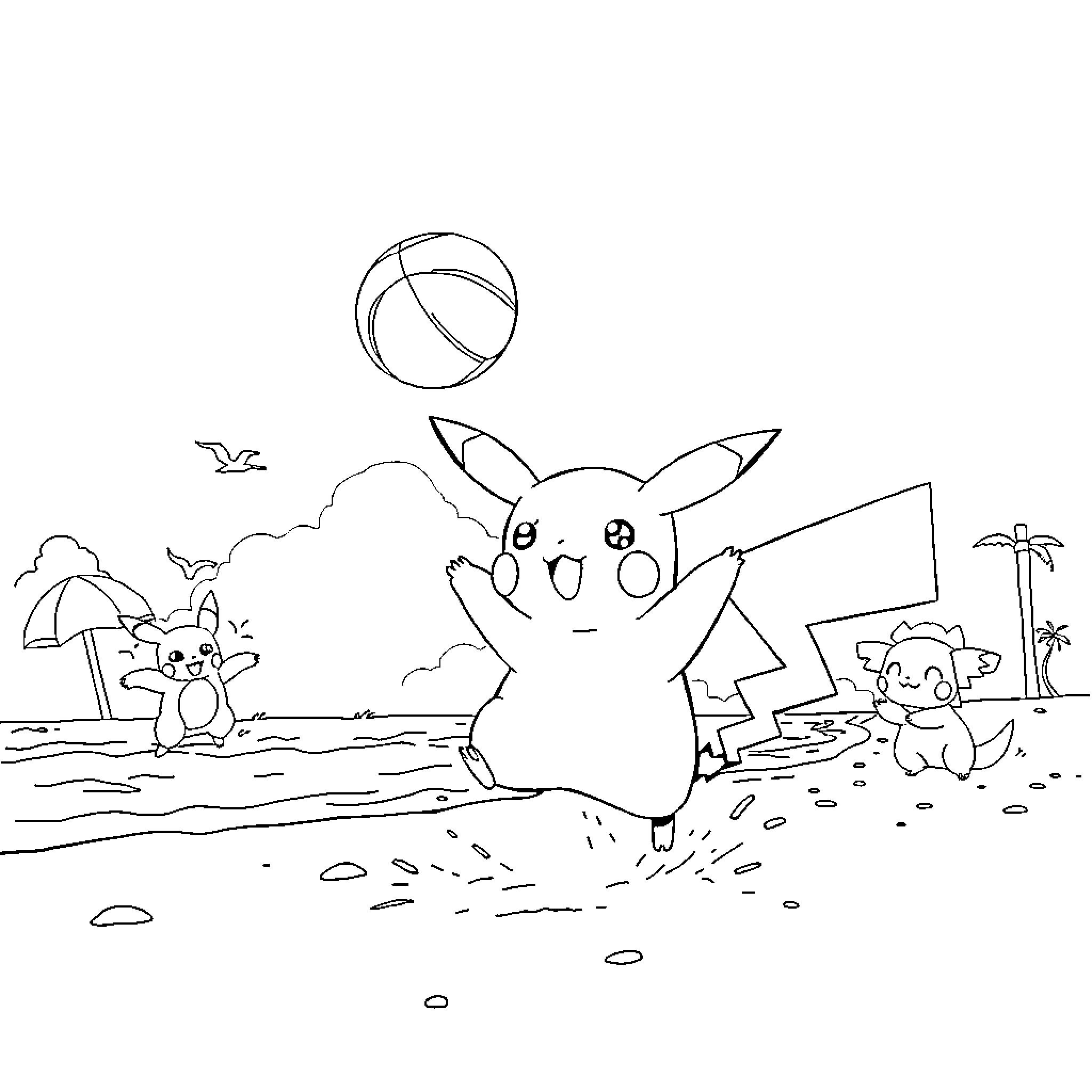 Pikachu playing on the beach with friends Coloring Page (free black-and-white line drawing printable PDF for all, from beginners to advanced learners, including children, teens, adults, and seniors)