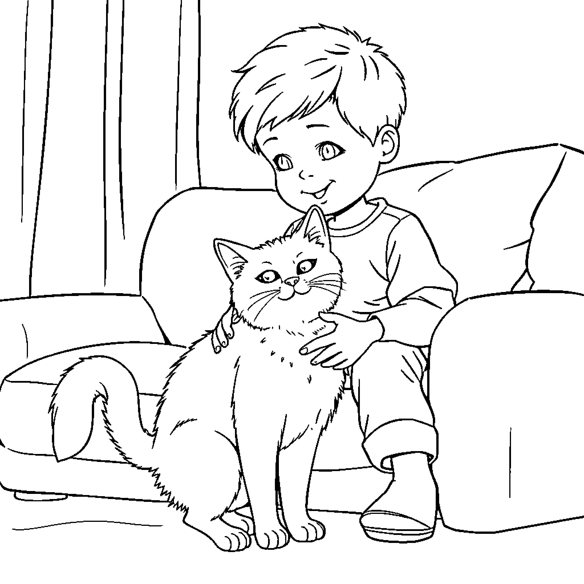 Cat and Boy Companions in the Room Coloring Page (free black-and-white line drawing printable PDF for all, from beginners to advanced learners, including children, teens, adults, and seniors)
