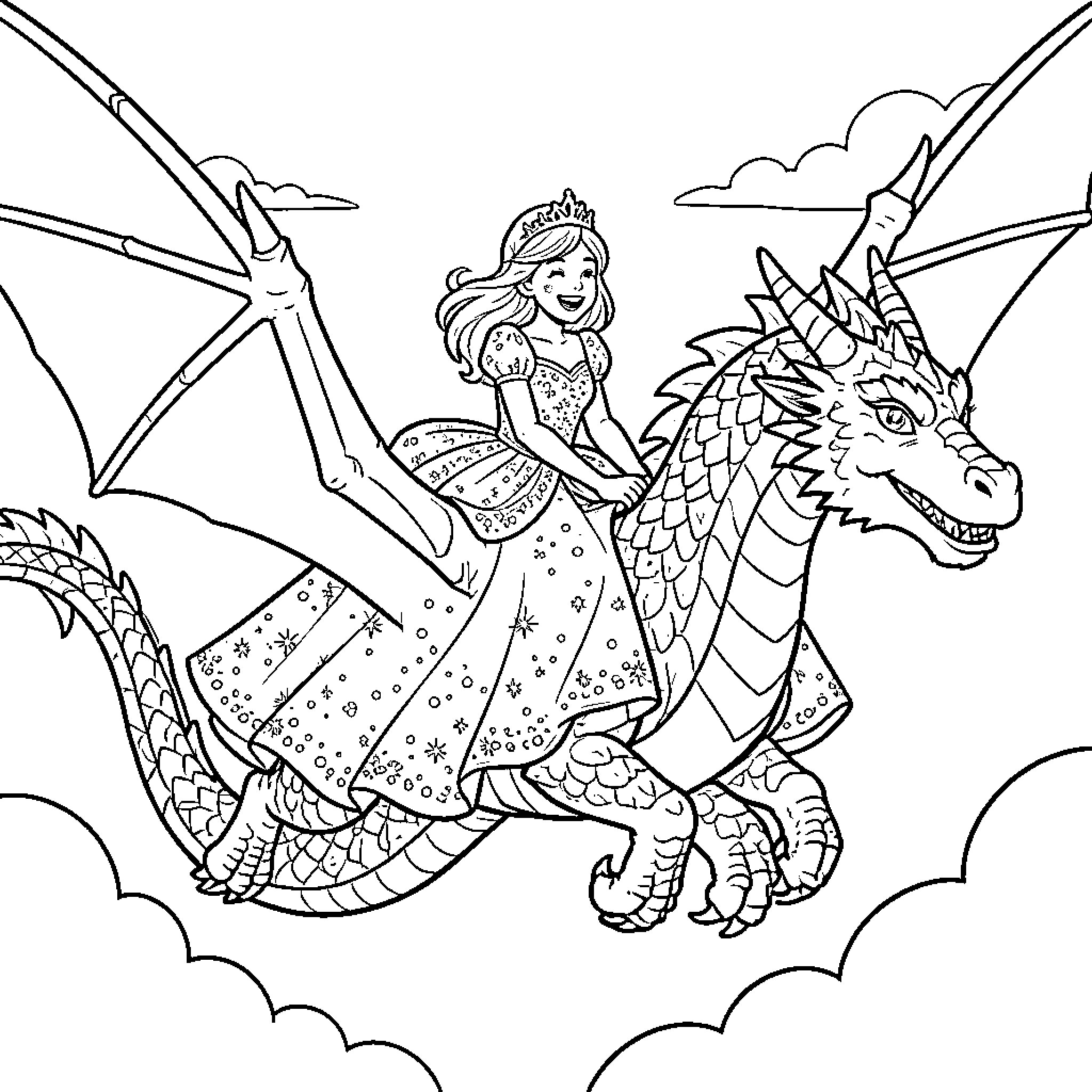 Princess Riding a Mythical Dragon in the Clouds Coloring Page (free black-and-white line drawing printable PDF for all, from beginners to advanced learners, including children, teens, adults, and seniors)