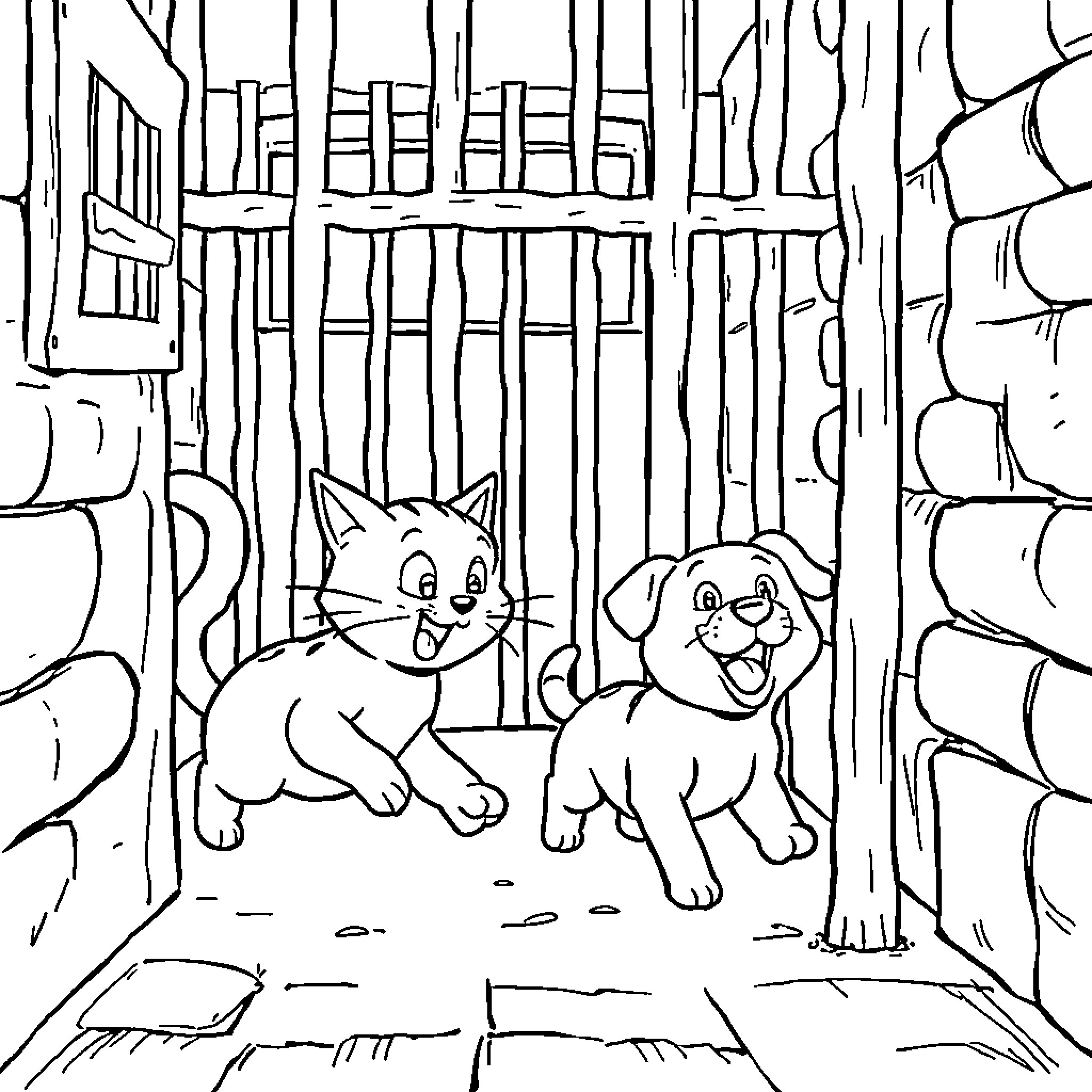 Cat and dog playing in the backyard Coloring Page (free black-and-white line drawing printable PDF for all, from beginners to advanced learners, including children, teens, adults, and seniors)