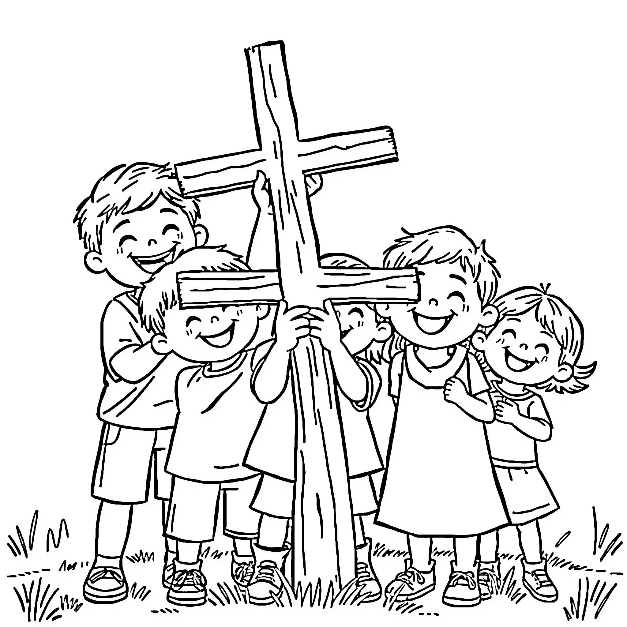 Kid's Joyful Gathering around the Cross Coloring Page (free black-and-white line drawing printable PDF for all, from beginners to advanced learners, including children, teens, adults, and seniors)