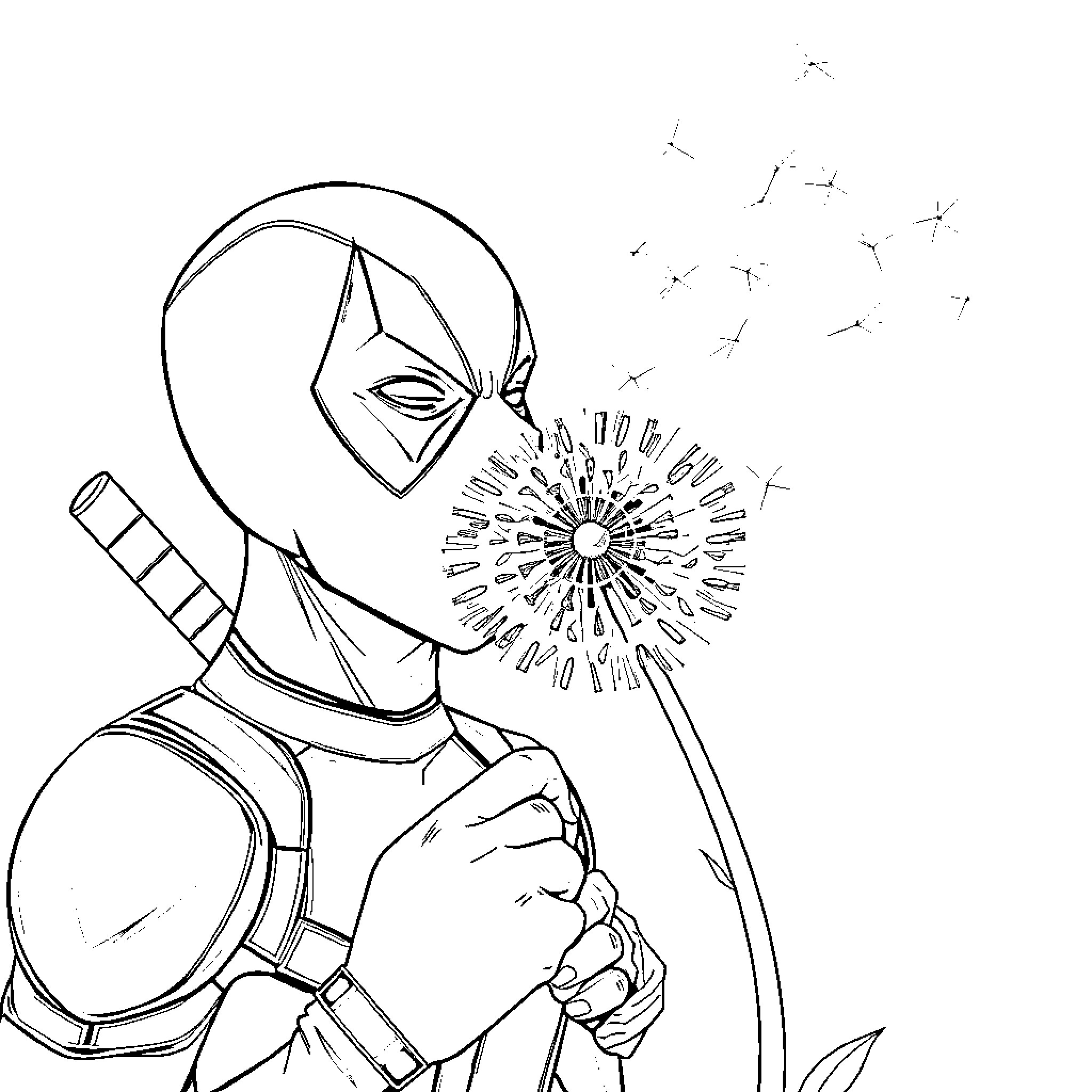 Deadpool blows dandelions in contemplative moment Coloring Page (free black-and-white line drawing printable PDF for all, from beginners to advanced learners, including children, teens, adults, and seniors)