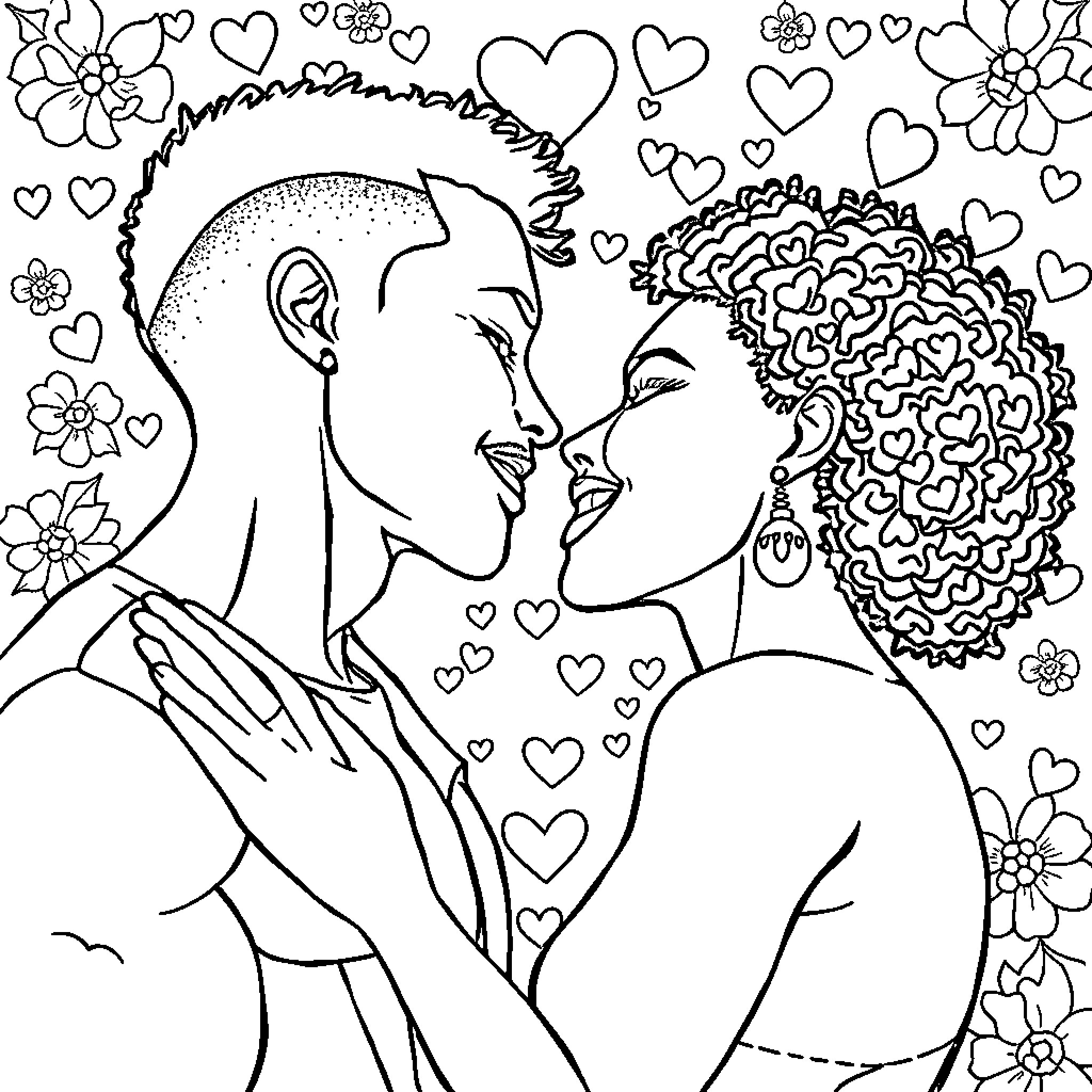 Love Story of Two Embracing Figures Coloring Page (free black-and-white line drawing printable PDF for all, from beginners to advanced learners, including children, teens, adults, and seniors)