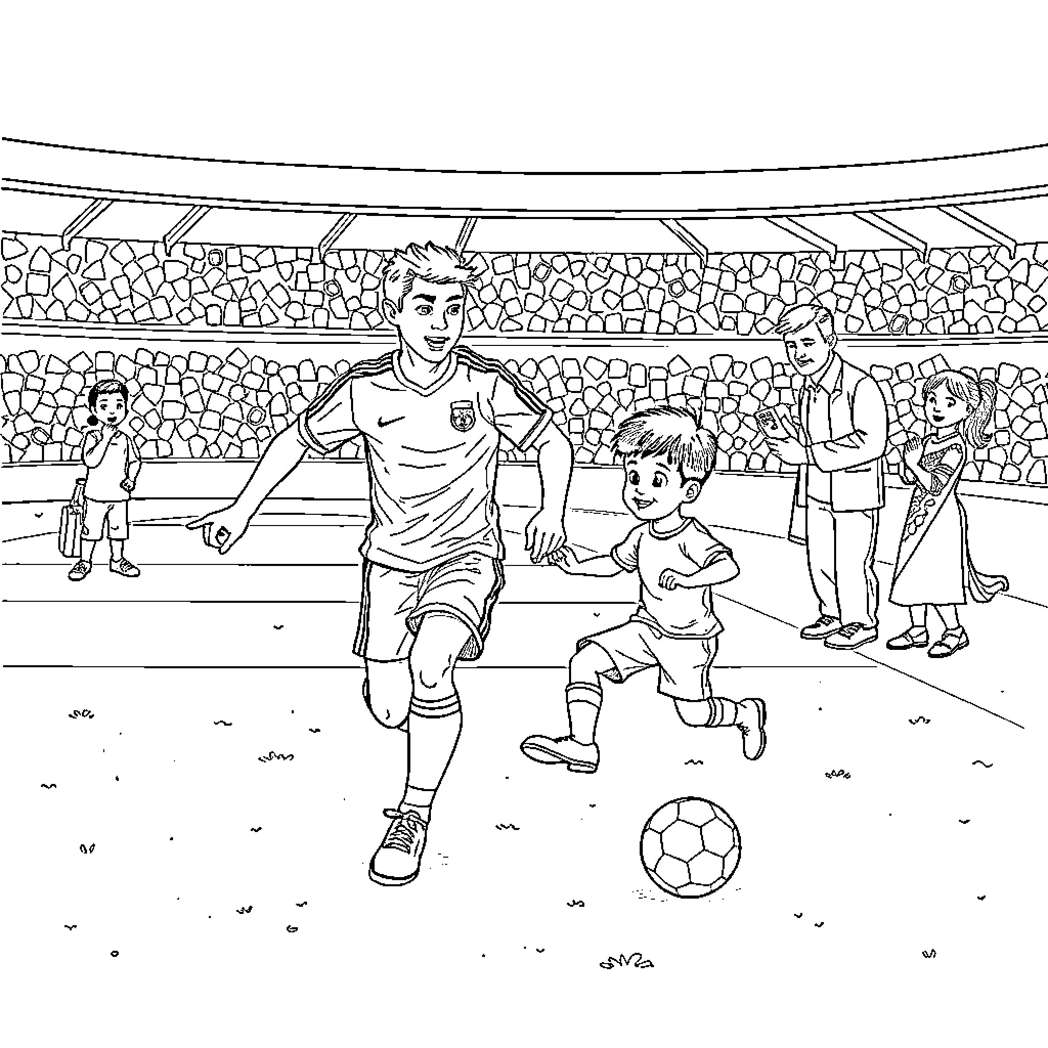 Ronaldo Plays Soccer with Young Fan in Stadium Coloring Page (free black-and-white line drawing printable PDF for all, from beginners to advanced learners, including children, teens, adults, and seniors)