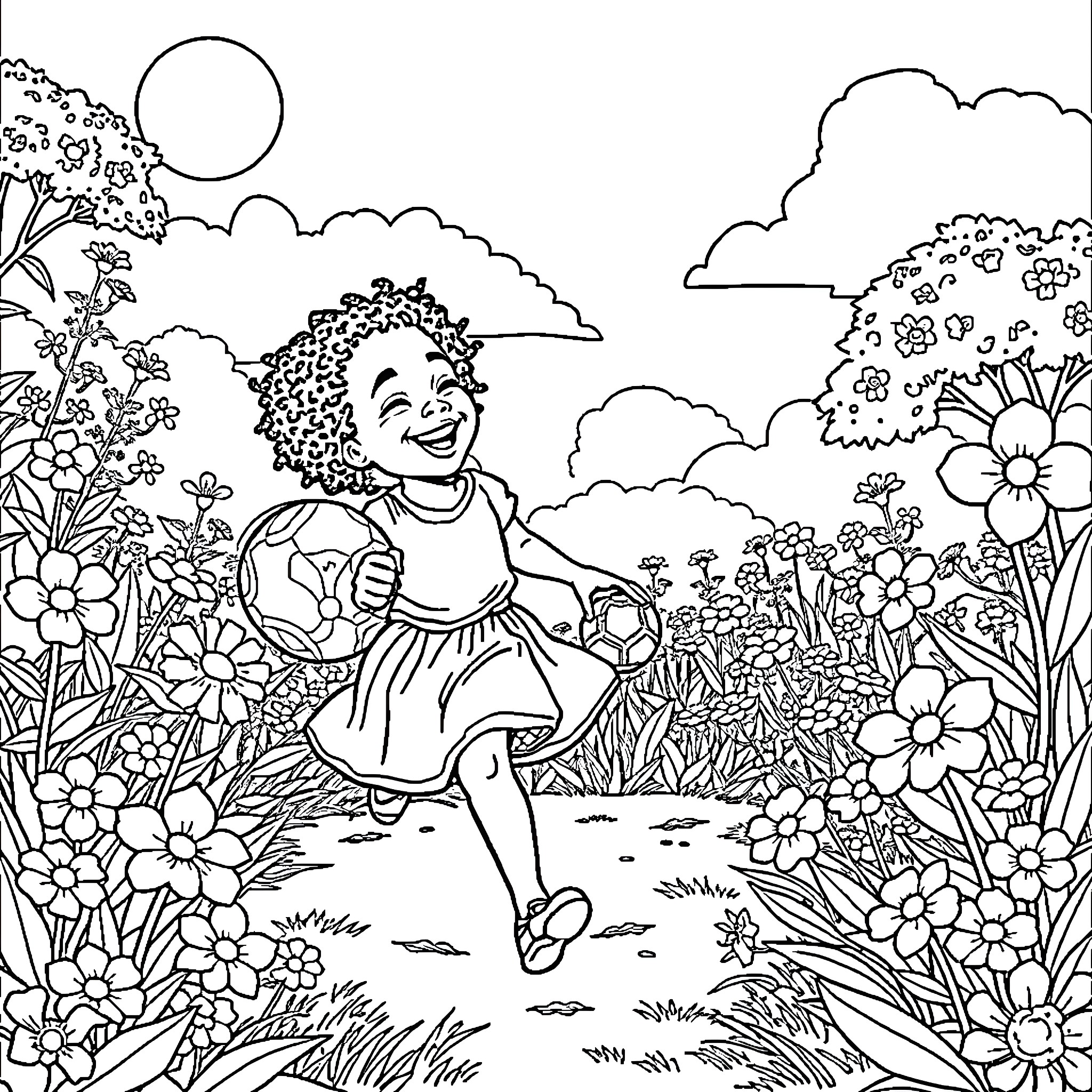 Girl running happily through the flower garden Coloring Page (free black-and-white line drawing printable PDF for all, from beginners to advanced learners, including children, teens, adults, and seniors)