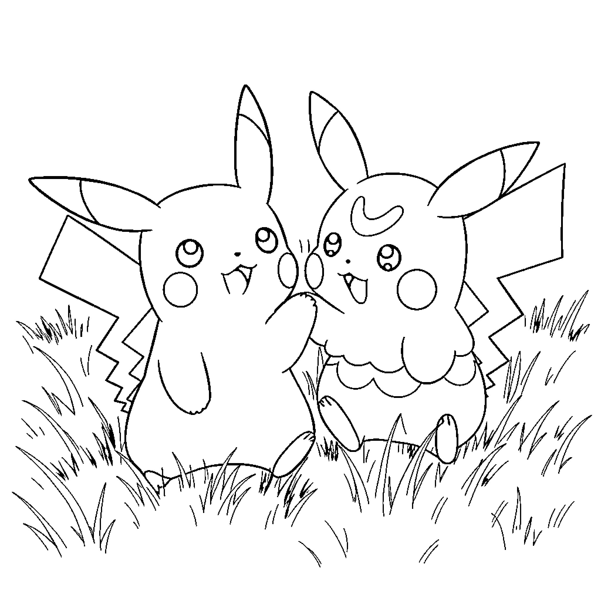 Pikachu playing in the grassy field Coloring Page (free black-and-white line drawing printable PDF for all, from beginners to advanced learners, including children, teens, adults, and seniors)
