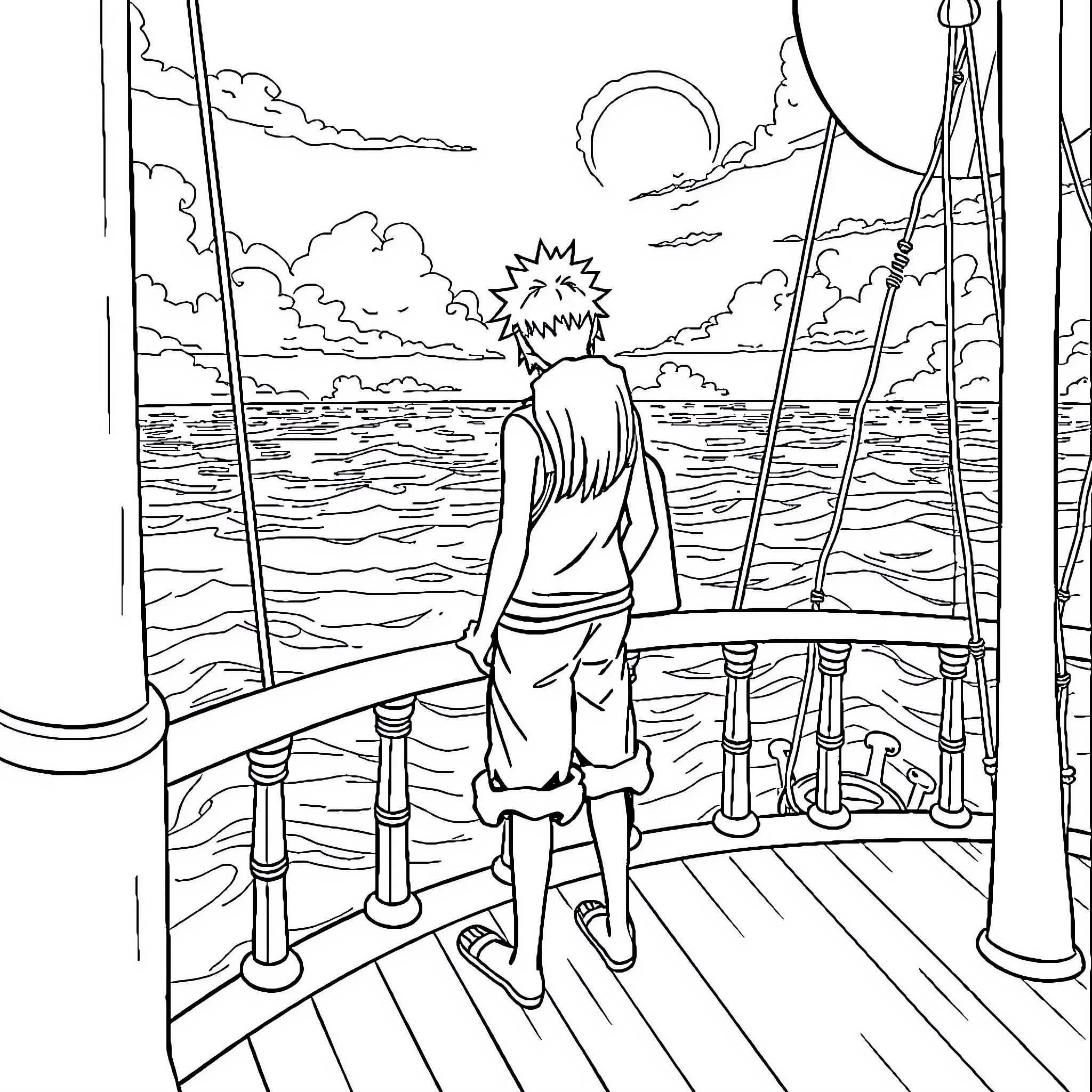 Monkey D Luffy gazing out at the sea on a ship's deck Coloring Page (free black-and-white line drawing printable PDF for all, from beginners to advanced learners, including children, teens, adults, and seniors)