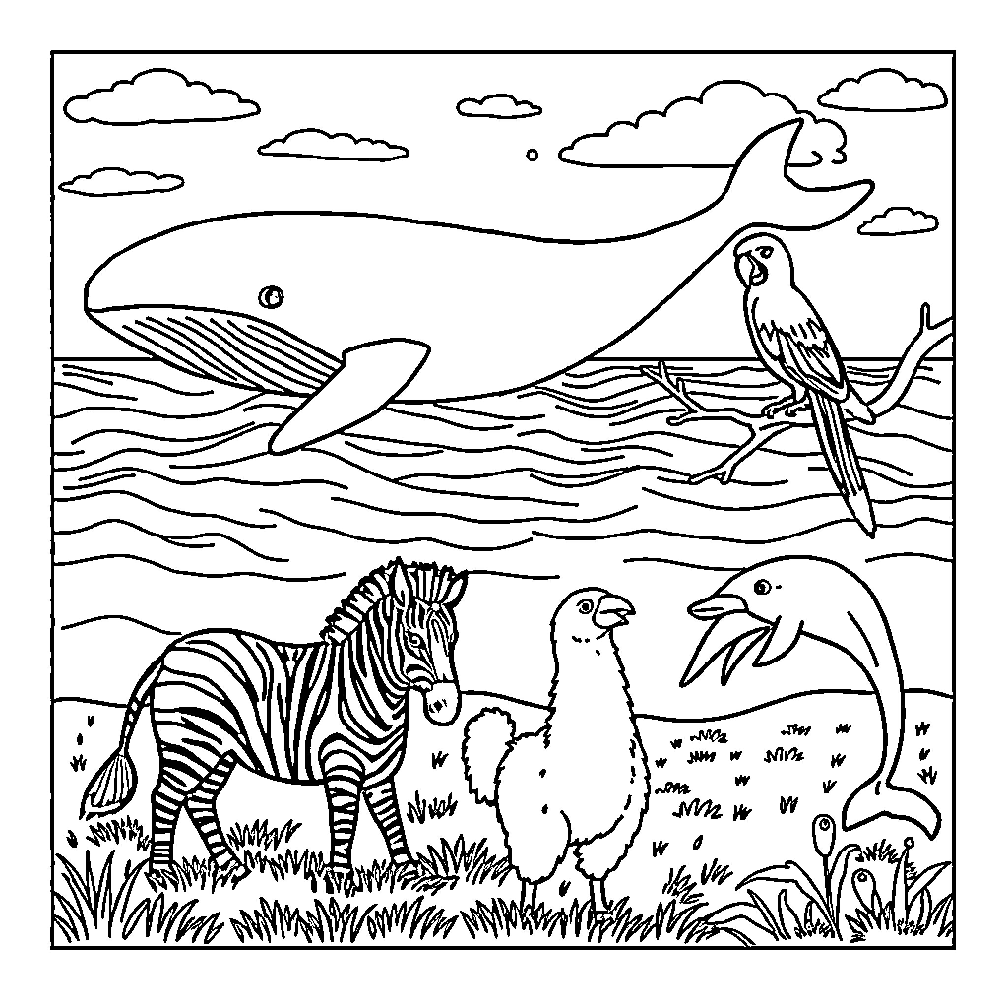 Whale, zebra, and parrot in the ocean landscape Coloring Page (free black-and-white line drawing printable PDF for all, from beginners to advanced learners, including children, teens, adults, and seniors)