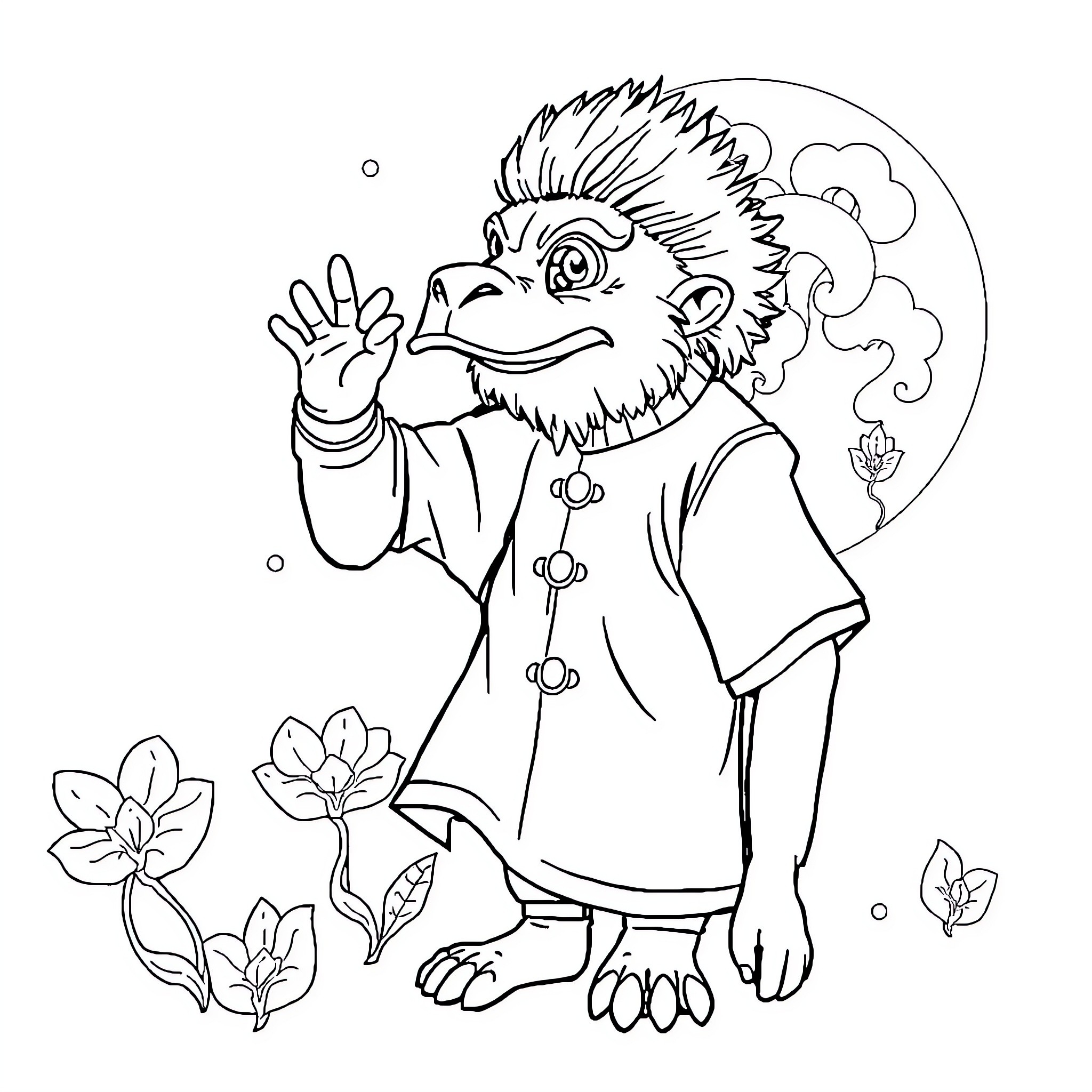 Rabbit scientist waving with flowers in the background Coloring Page (free black-and-white line drawing printable PDF for all, from beginners to advanced learners, including children, teens, adults, and seniors)
