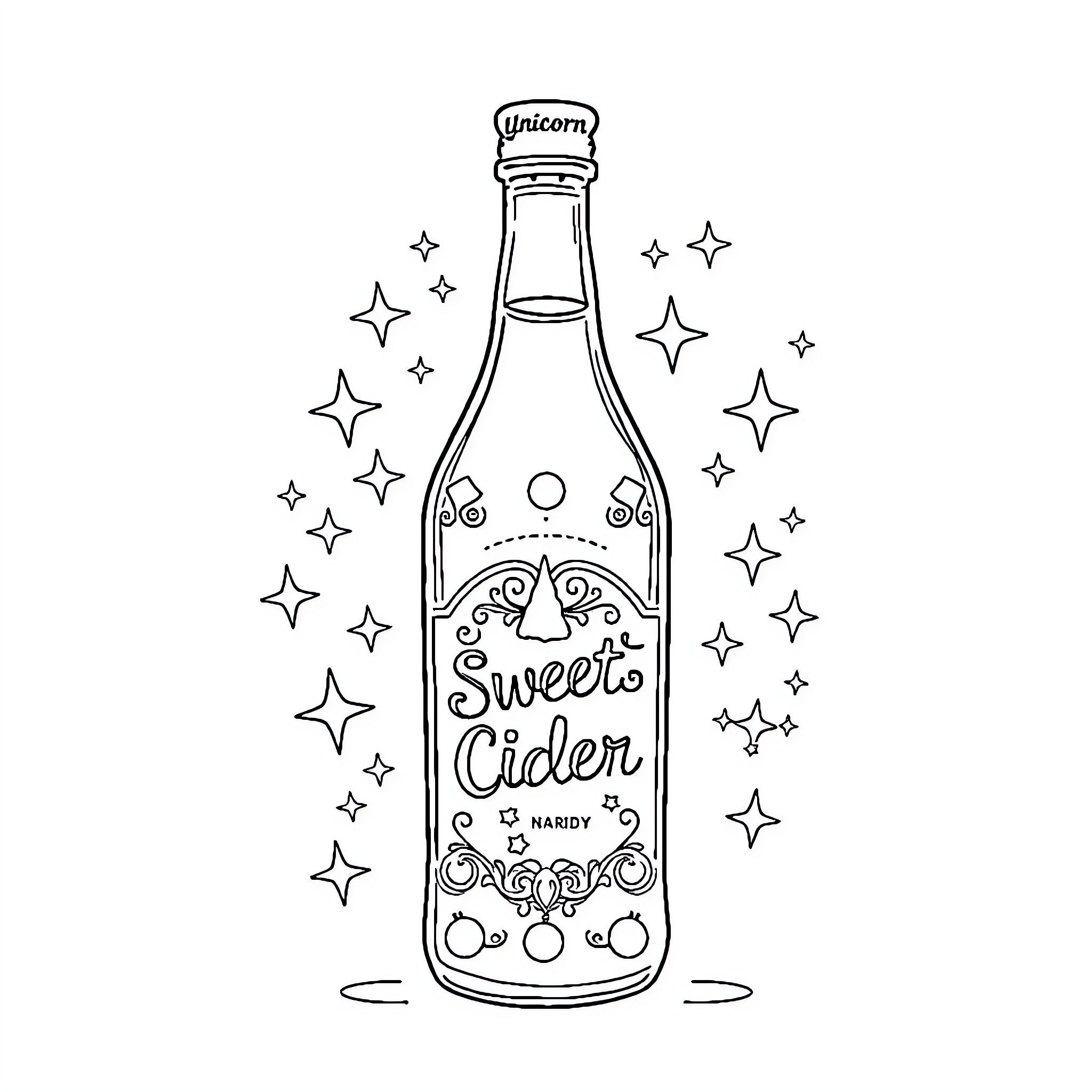 Cider bottle with magical designs and stars Coloring Page (free black-and-white line drawing printable PDF for all, from beginners to advanced learners, including children, teens, adults, and seniors)