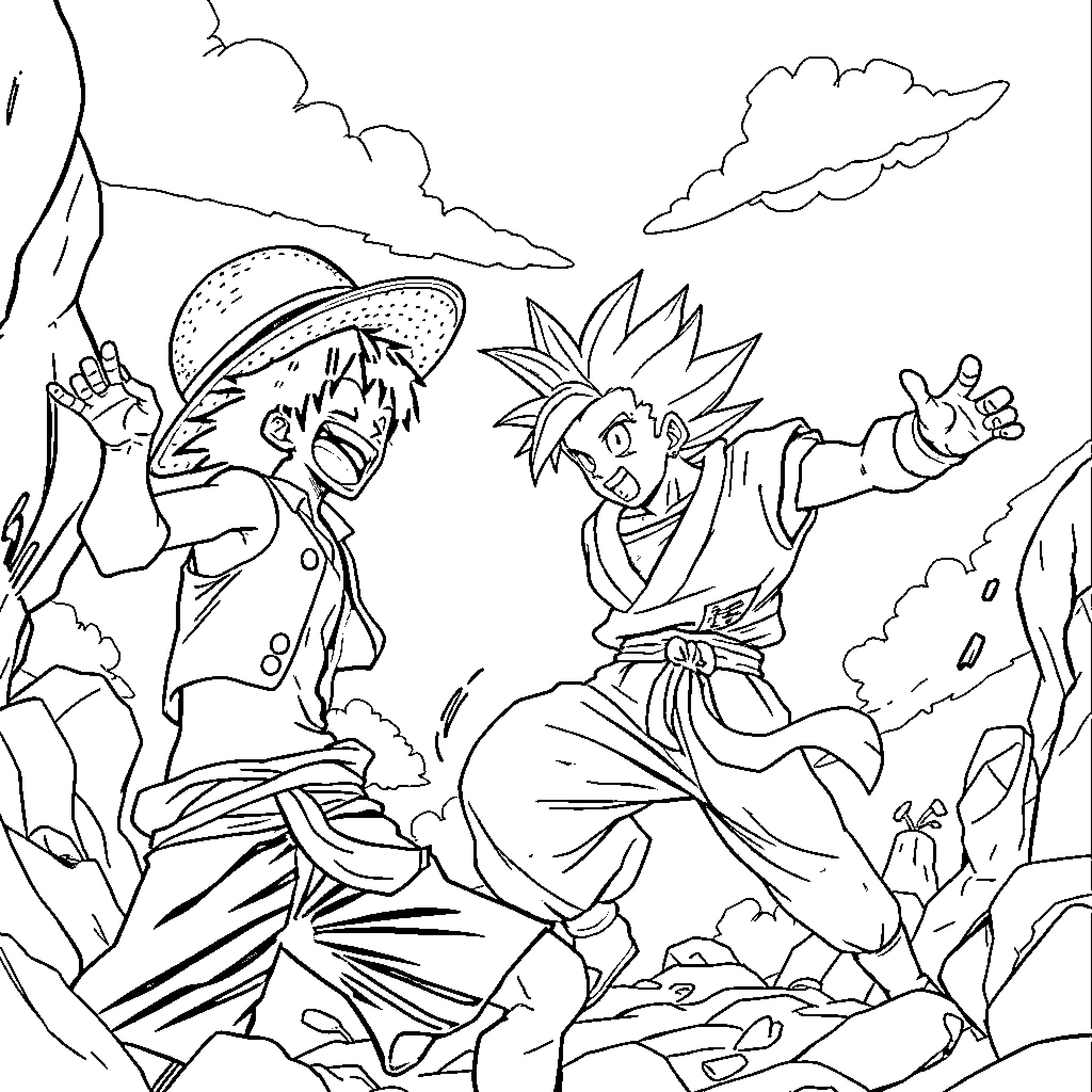 Luffy and Goku Engaged in Action-Packed Adventure Coloring Page (free black-and-white line drawing printable PDF for all, from beginners to advanced learners, including children, teens, adults, and seniors)