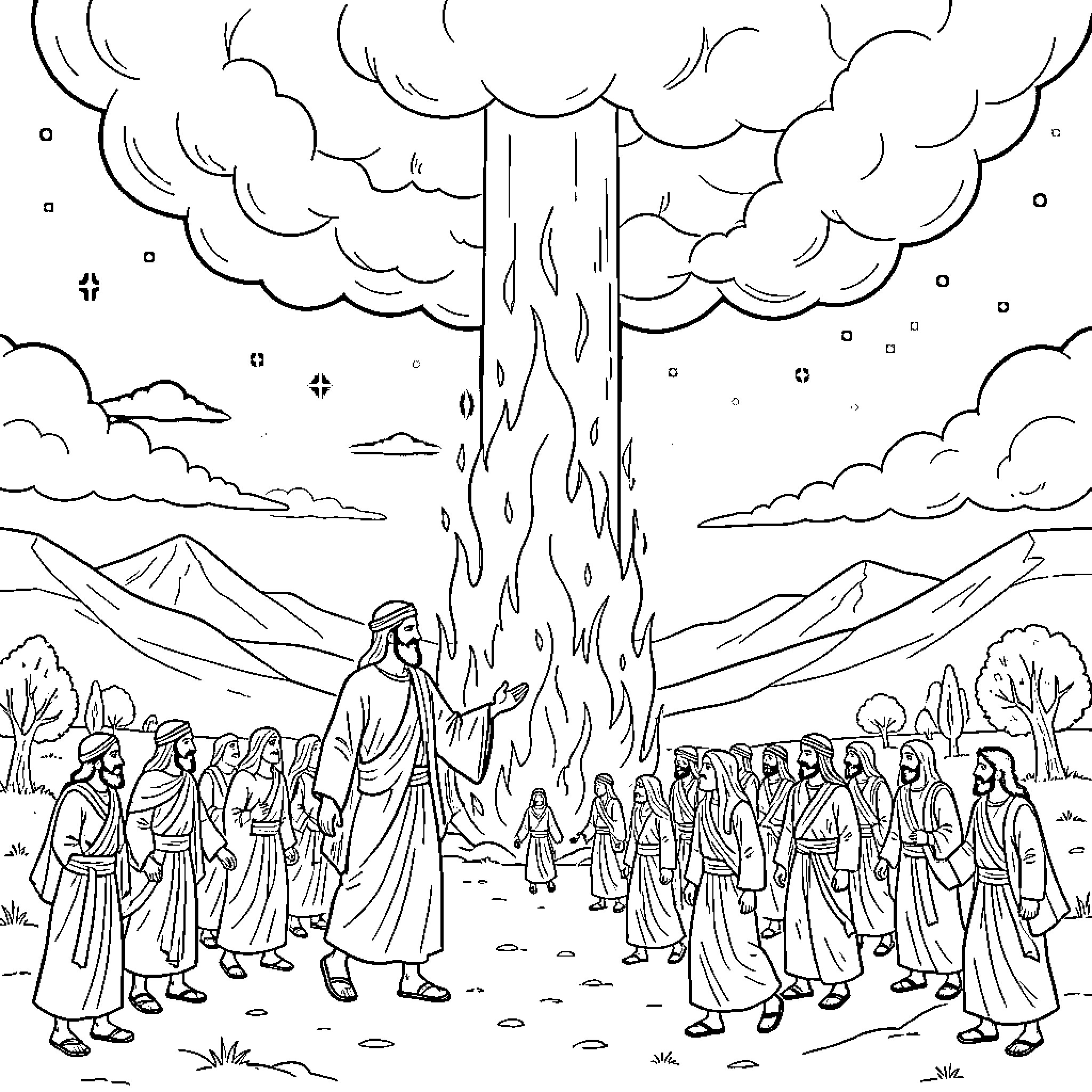 God guiding people through a pillar of fire Coloring Page (free black-and-white line drawing printable PDF for all, from beginners to advanced learners, including children, teens, adults, and seniors)
