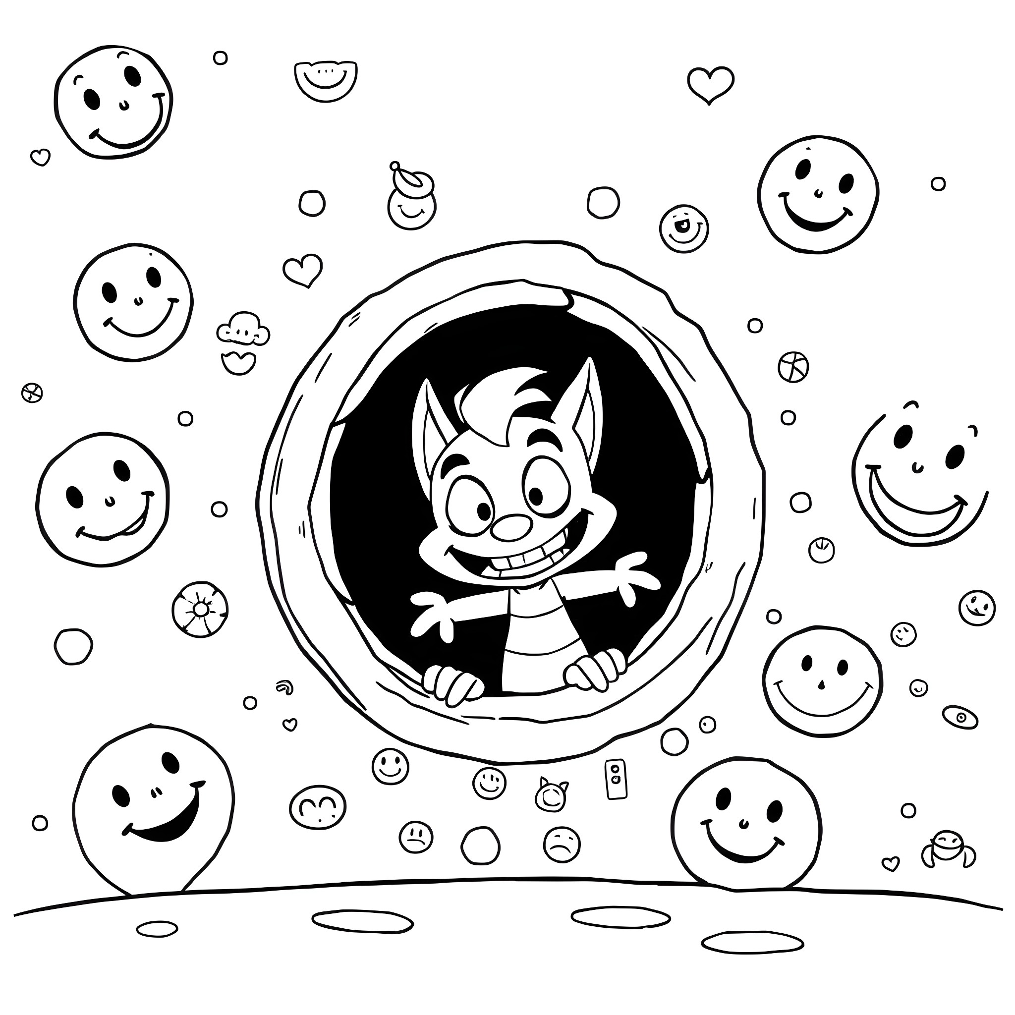 Butt Monster peeks out from bubble with smiles Coloring Page (free black-and-white line drawing printable PDF for all, from beginners to advanced learners, including children, teens, adults, and seniors)