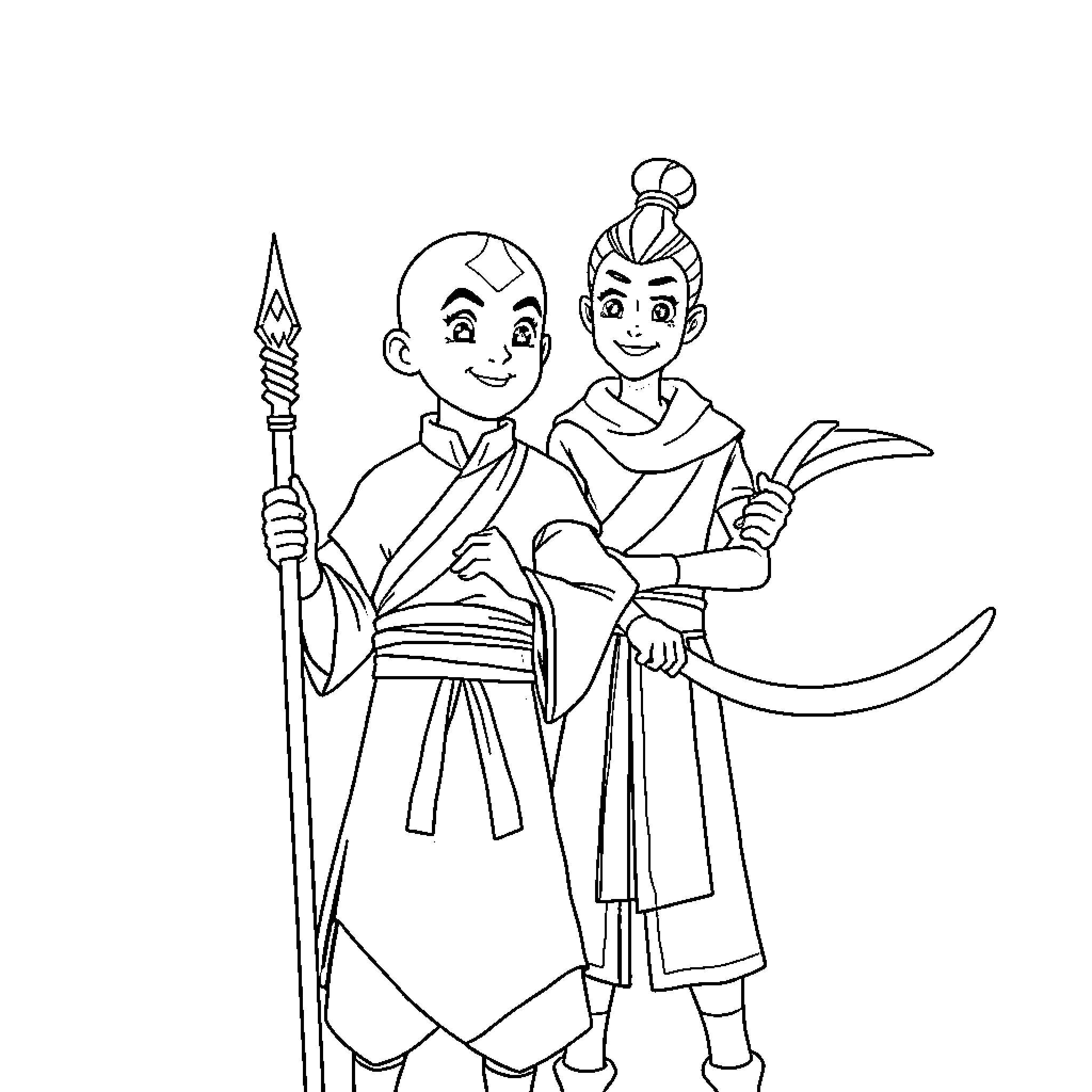 Aang and Katara in traditional attire Coloring Page (free black-and-white line drawing printable PDF for all, from beginners to advanced learners, including children, teens, adults, and seniors)