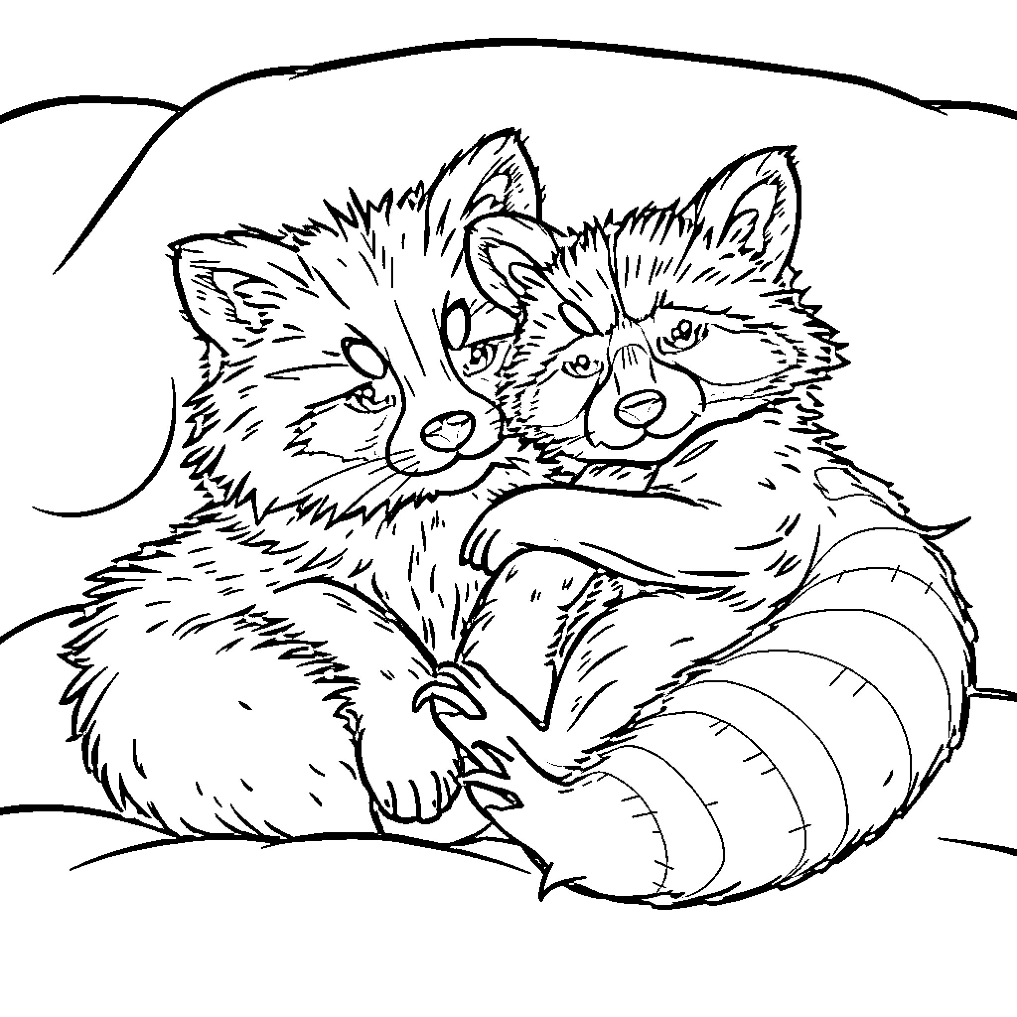 Cat cuddling with friend in cozy forest Coloring Page (free black-and-white line drawing printable PDF for all, from beginners to advanced learners, including children, teens, adults, and seniors)