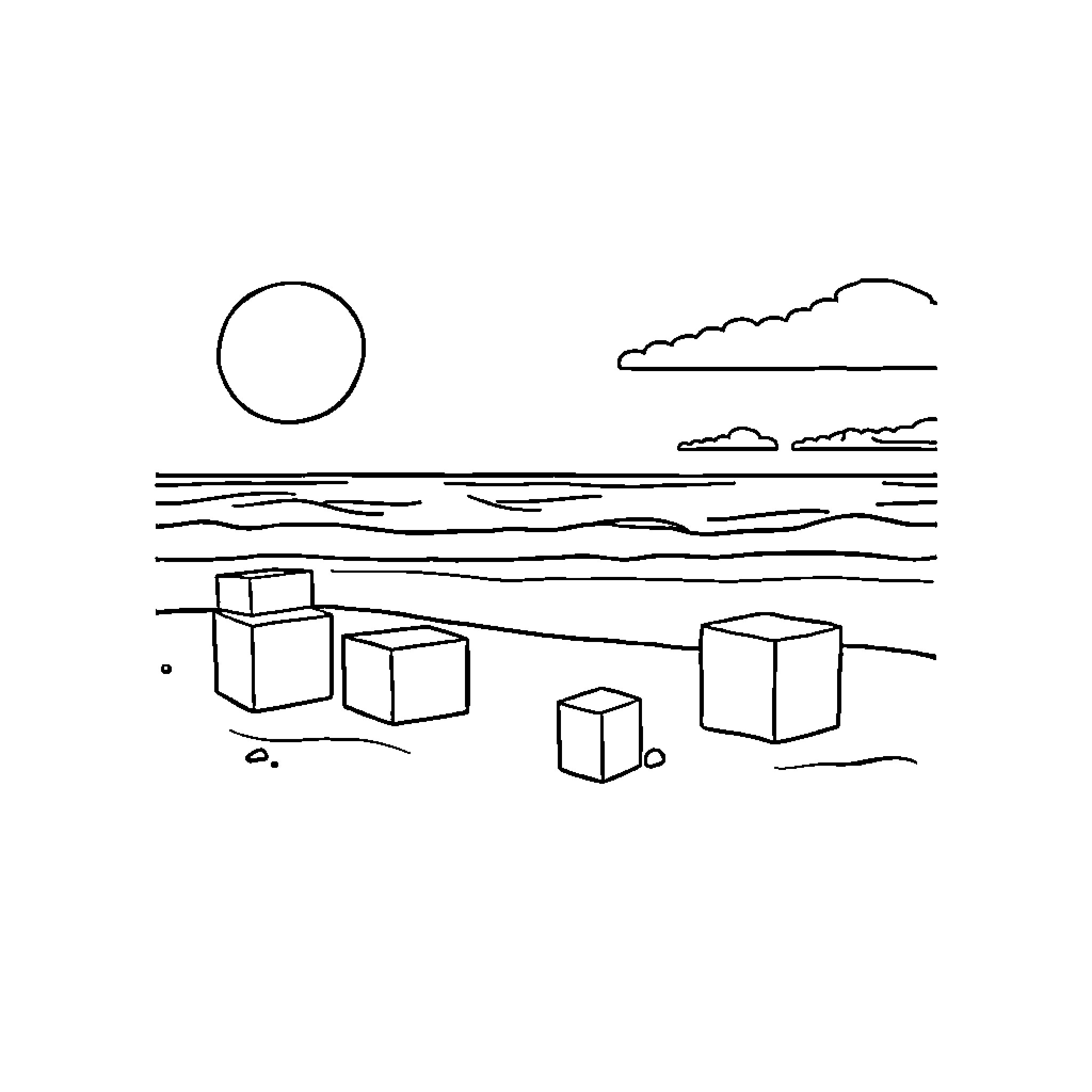 Block Beach Scene with Geometric Structures Coloring Page (free black-and-white line drawing printable PDF for all, from beginners to advanced learners, including children, teens, adults, and seniors)